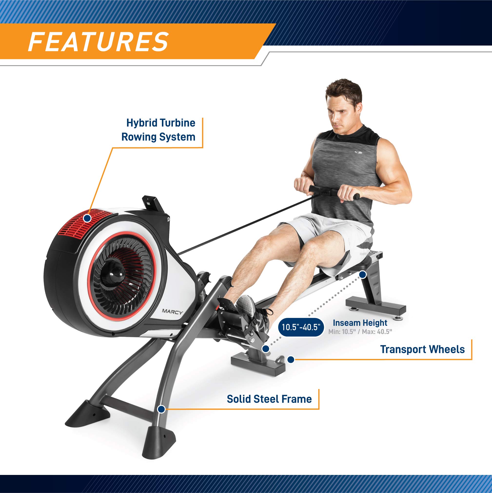 Marcy Air Resistance Rowing Machine with Transport Wheels - Foldable Home Gym Equipment for Full Body Workout | Perfect for Cardio, Strength Training & Small Spaces