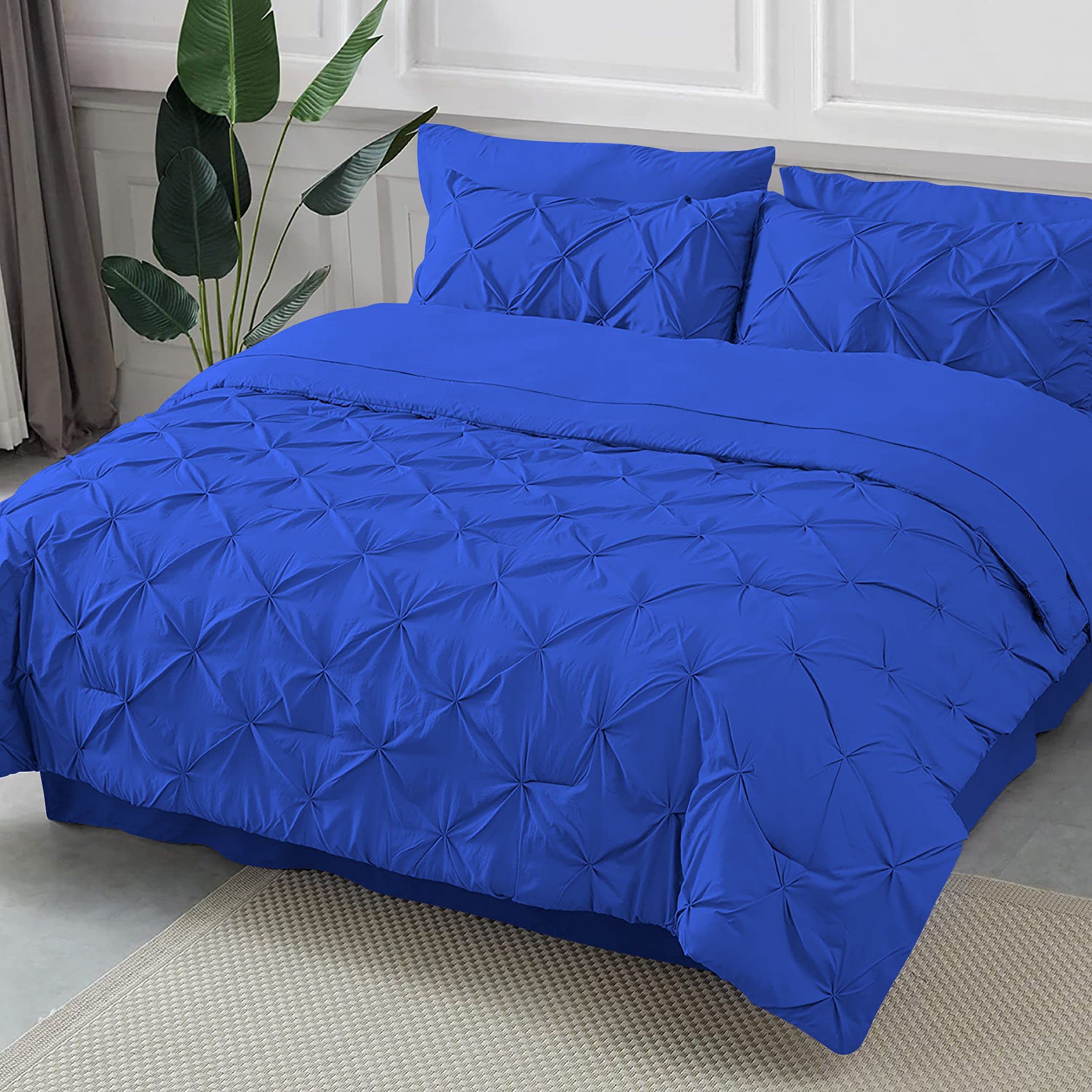 Royal Blue Pinch Pleated Comforter Set for Twin Bed - 8 Piece Pintuck Bedding Collection with Deep Pocket Sheets, Bedskirt & Pillowcases - 24