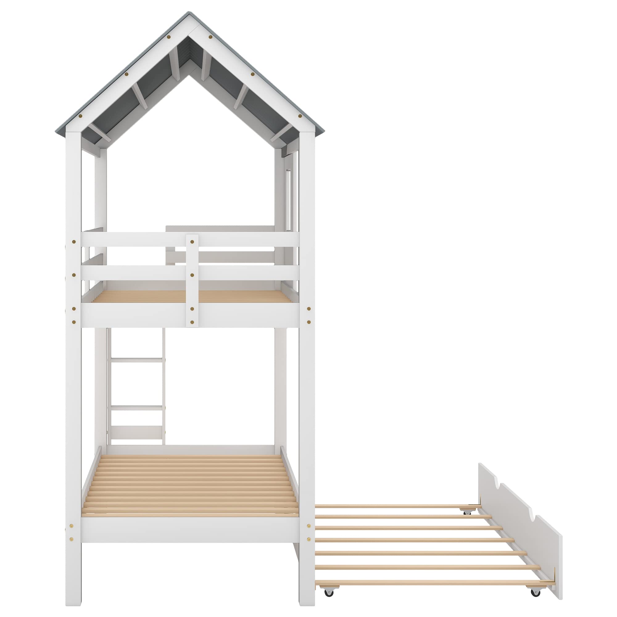 MERITLINE Twin Over Twin Wooden Bunk Bed with Trundle - Playhouse Design with Roof & Windows - Kids Bunk Bed for Small Spaces - Perfect for Shared Bedrooms, Sleepovers & Playtime (White)