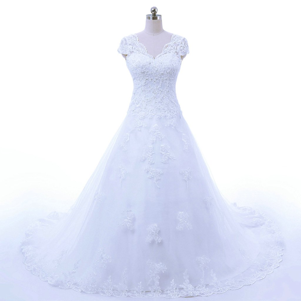 Elegant Vintage Lace Wedding Dress with Chapel Train for Women | A-Line Bridal Gown | Perfect for Church, Beach, and Garden Weddings