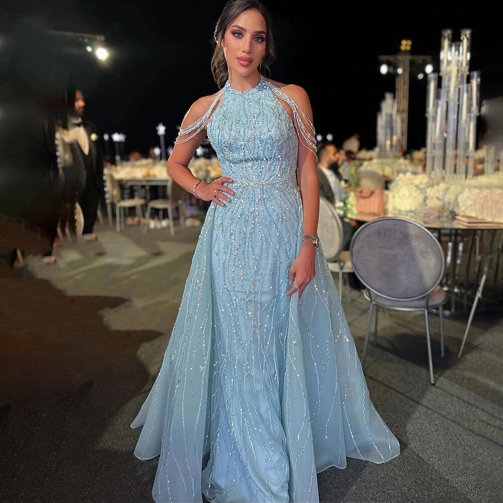 Serene Hill Blue Halter Sleeveless Mermaid Evening Gown with Beaded Overskirt - Women's Elegant Formal Party Dress LA72054 | Perfect for Prom, Gala & Wedding Events