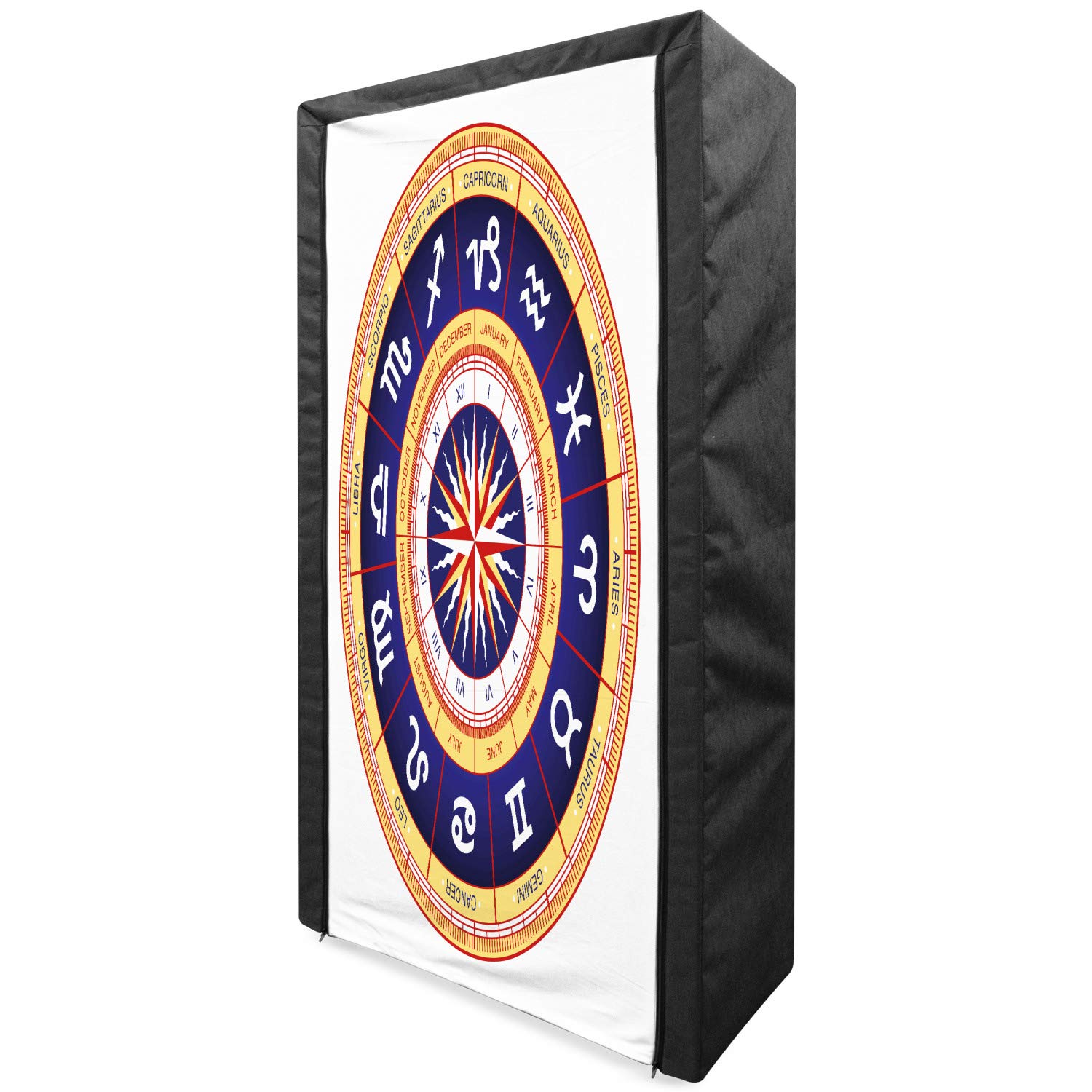 Ambesonne Astrology Portable Fabric Wardrobe - Zodiac Signs Cancer Leo Virgo Libra Scorpio Print, 33.5 Inch Closet Organizer with Shelves for Clothes Storage, Navy Blue & Yellow - Perfect for Bedroom, Dorm, or Apartment Organization
