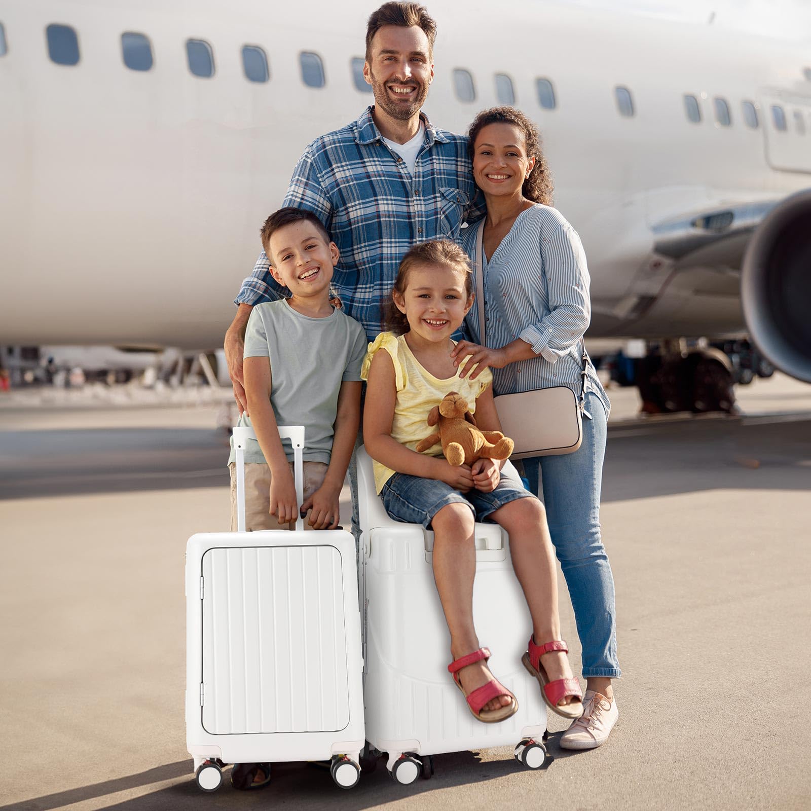 20 Inch Kids Ride-On Luggage with Seat - Top Opening Aluminum Frame Spinner Suitcase with TSA Locks for Air Travel - Lightweight Carry-On for Children (White) | Perfect for Family Vacations, School Trips & Airport Adventures