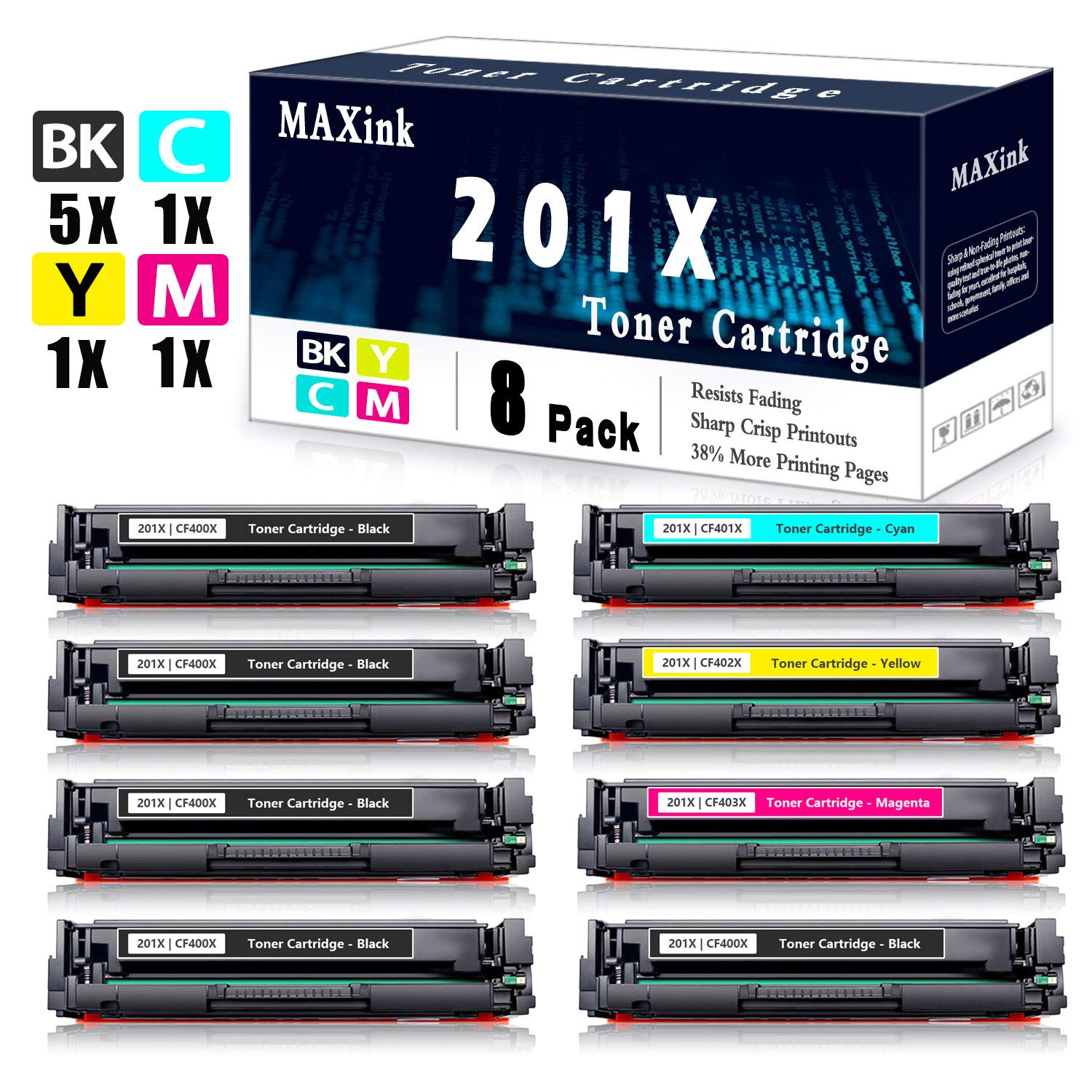 8-Pack (5BK+C+Y+M) 201X | CF400X CF401X CF402X CF403X Compatible Toner Cartridge Replacement for HP Color LaserJet Pro M252dw M252n MFP M277n MFP M277dw MFP M277c6 M274n Printer | High-Quality Printing for Office & Home Use