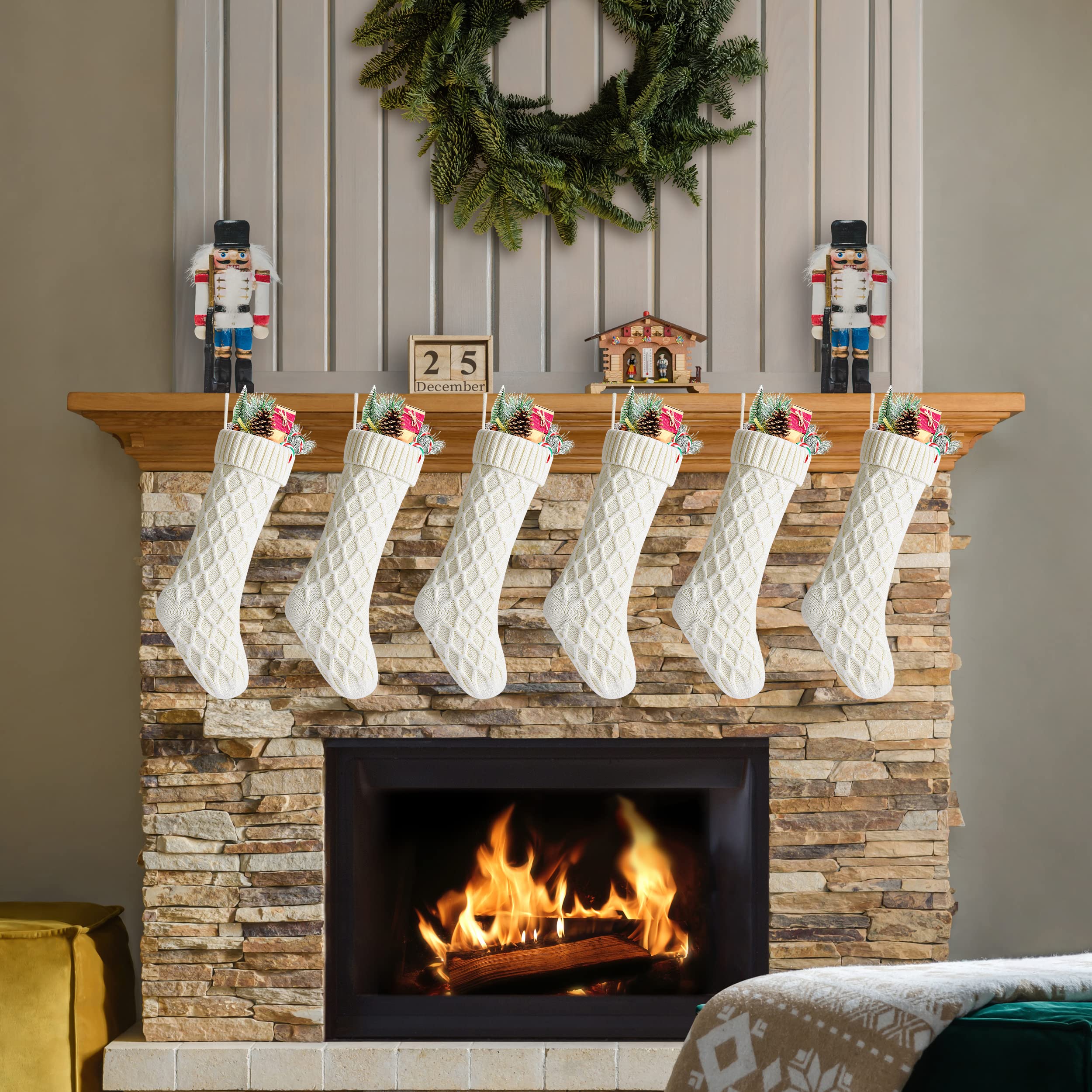 6-Pack 18 Inch Unique Ivory Knit Christmas Stockings for Fireplace Decor, Holiday Gift Exchange & Festive Home Decorations