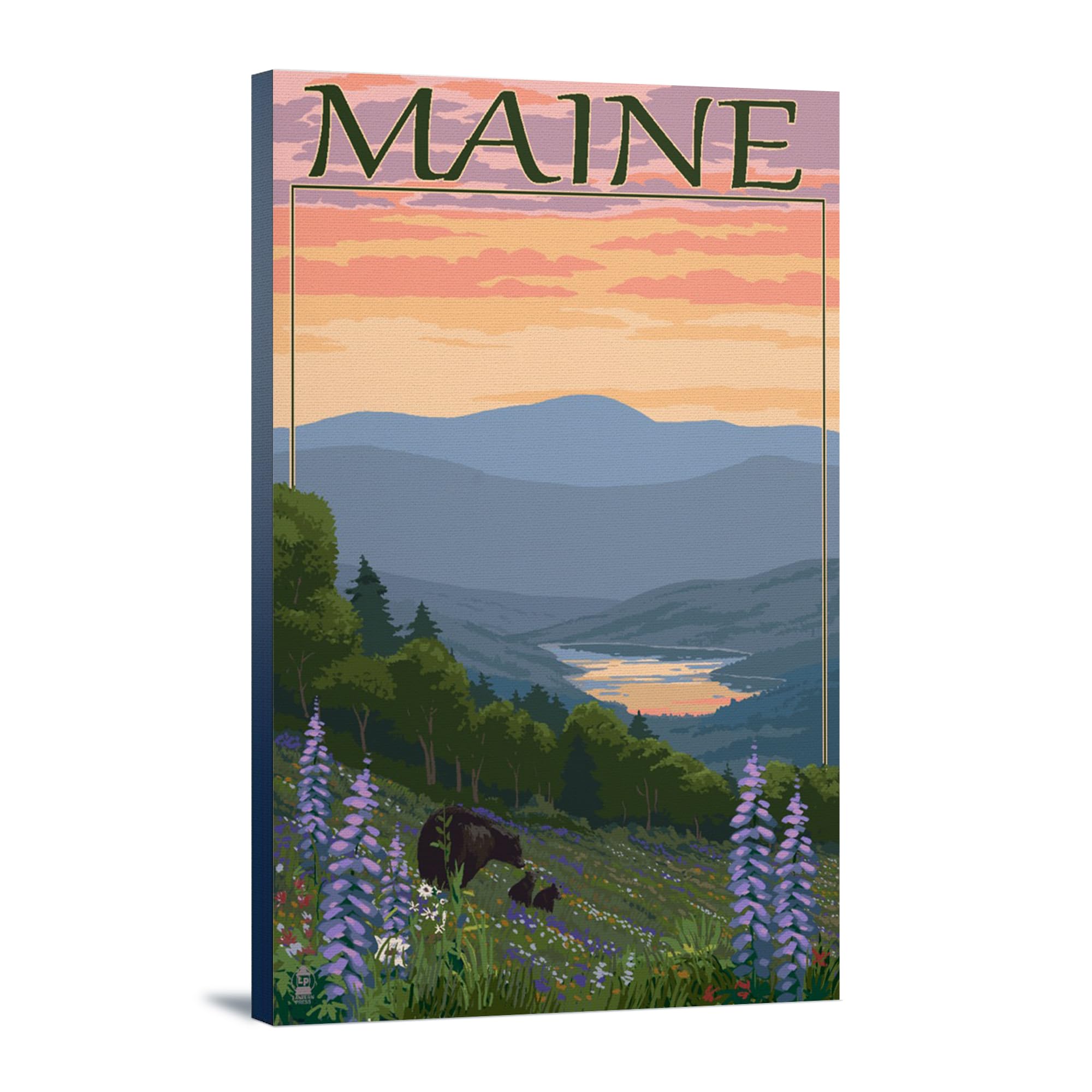 Lantern Press Maine Bear and Cubs in Spring Flowers - 12x18 Wrapped Canvas Wall Art for Home Decor | Perfect for Living Room, Bedroom & Nursery