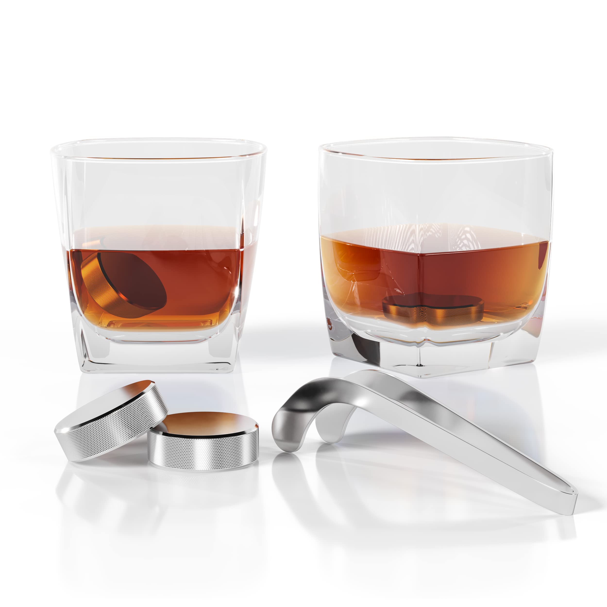Premium 7-Piece Whiskey Stone Set with Cooling Gel - 4 Hockey Puck Whiskey Stones & Hockey Stick Tongs - Elegant Gift Set for Whiskey Lovers - Perfect for Father's Day, Birthday & Home Bar Use