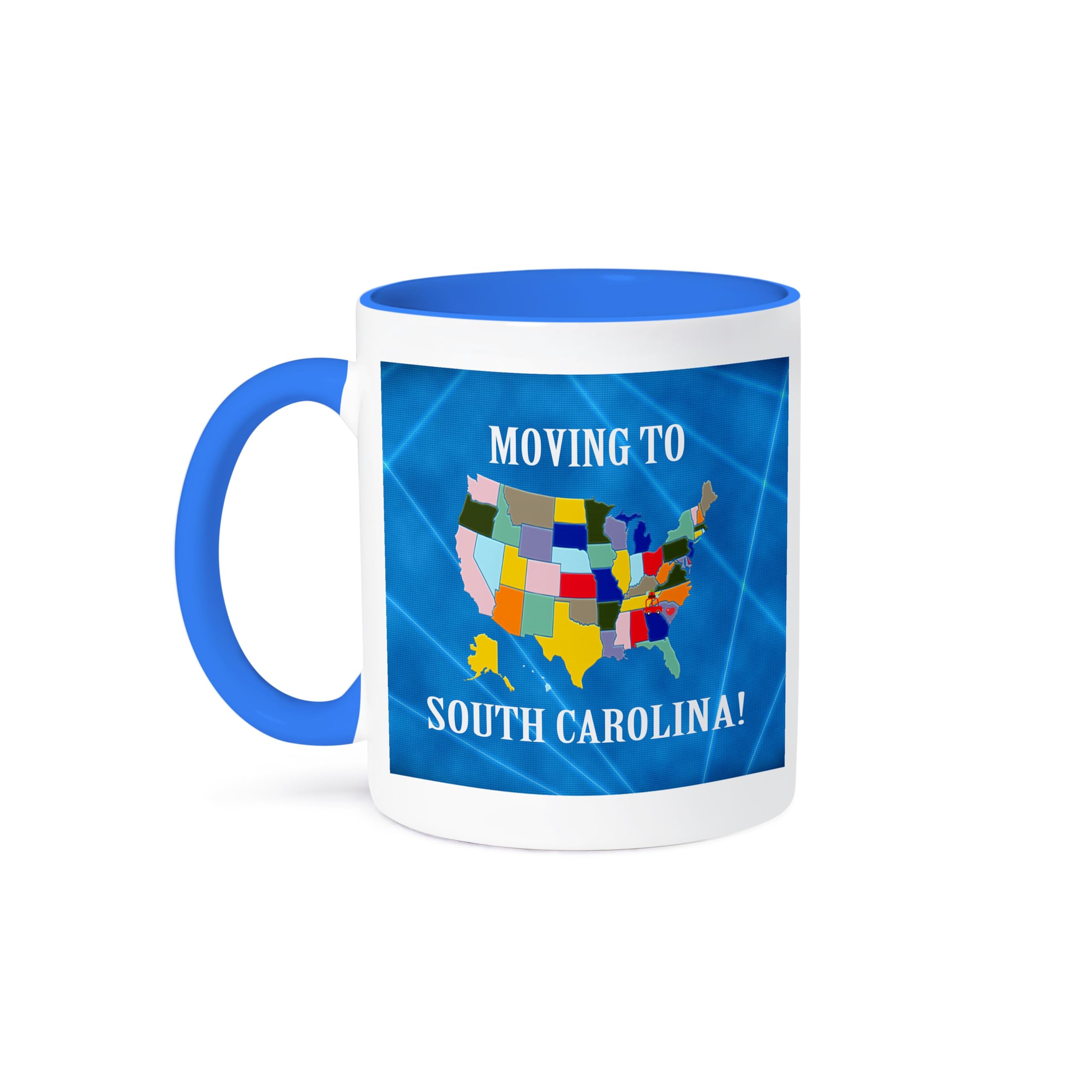 3dRose 11oz Funny Coffee Mug - United States Map Design with Moving to South Carolina Theme, Heart, Car & Luggage - Perfect Gift for New Homeowners & Coffee Lovers - Ideal for Housewarming Parties, Office Use & Daily Morning Coffee