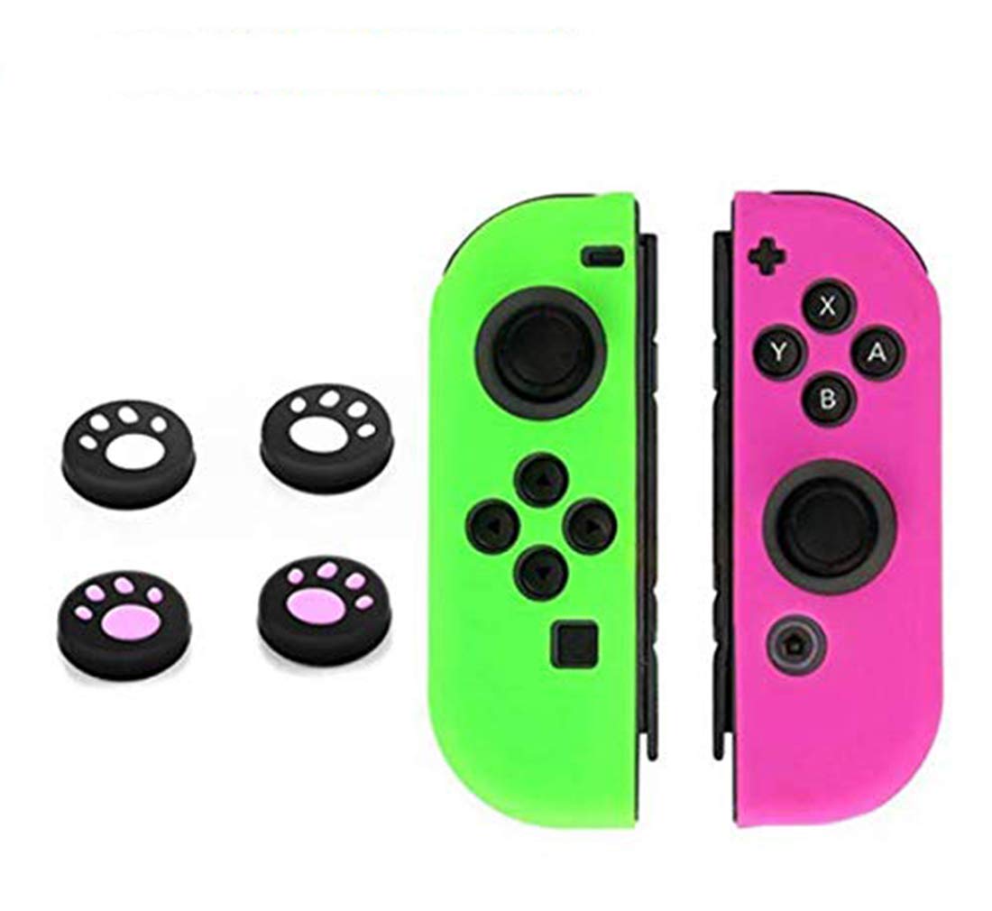 6 in 1 Thumb Grips Joystick Cap Cover - Soft Silicone Protective Skin Case for Nintendo Switch Joy-Con Controller (Green-Pink) - Enhance Gaming Comfort & Grip for Long Play Sessions