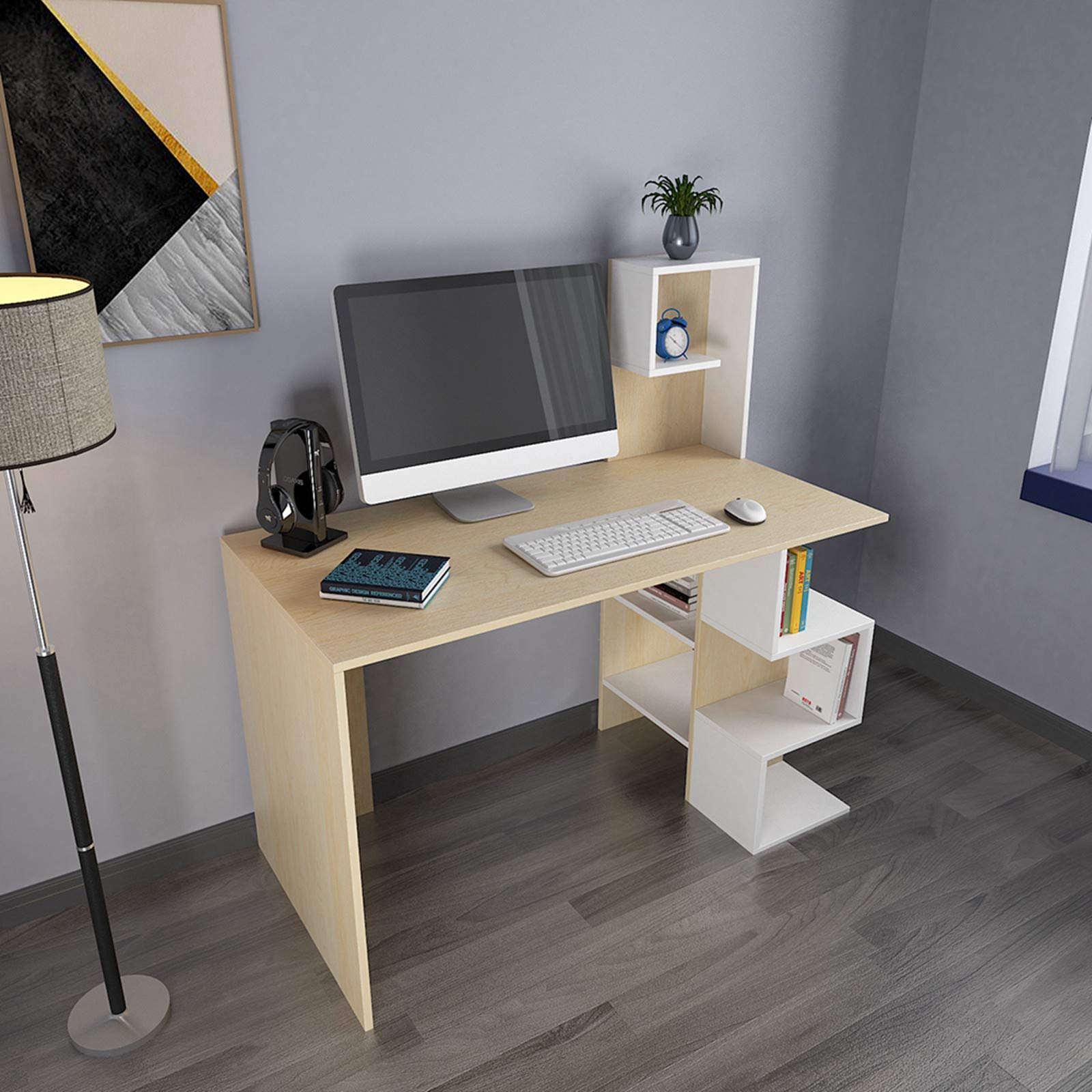 47.2 Inch Modern Computer Desk with Bookshelf & Display Rack - Sturdy Study Writing Desk for Students, Laptop PC Table & Office Workstation - Perfect for Home Office, Dorm Room & Small Spaces (Khaki) 【Fast US Shipping】