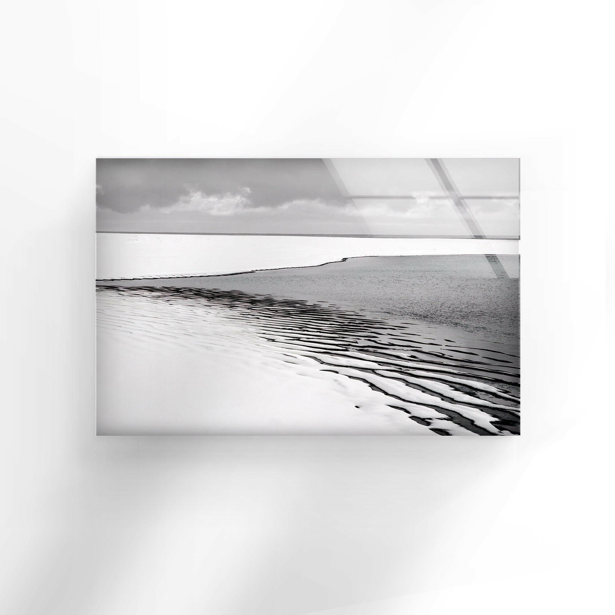Black and White Seascape Wall Art - Minimalist Ocean View Glass Painting for Living Room, Bedroom & Office Decor