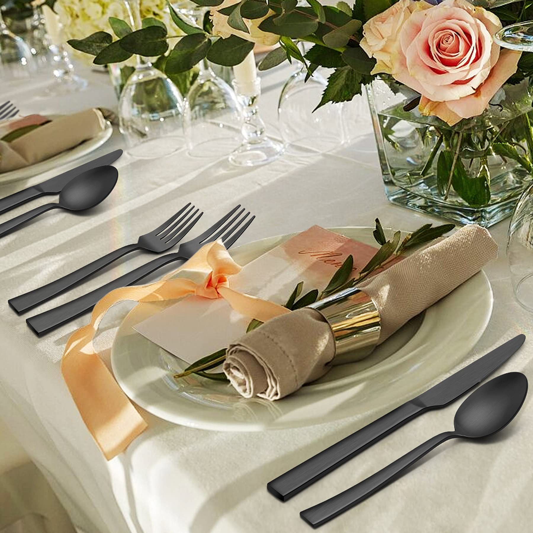 45-Piece Matte Black Silverware Set with Serving Utensils - Stainless Steel Flatware Cutlery Set for 8 - Square Tableware for Wedding, Home & Restaurant - Satin Finish & Dishwasher Safe - Perfect for Dinner Parties, Holidays & Everyday Dining