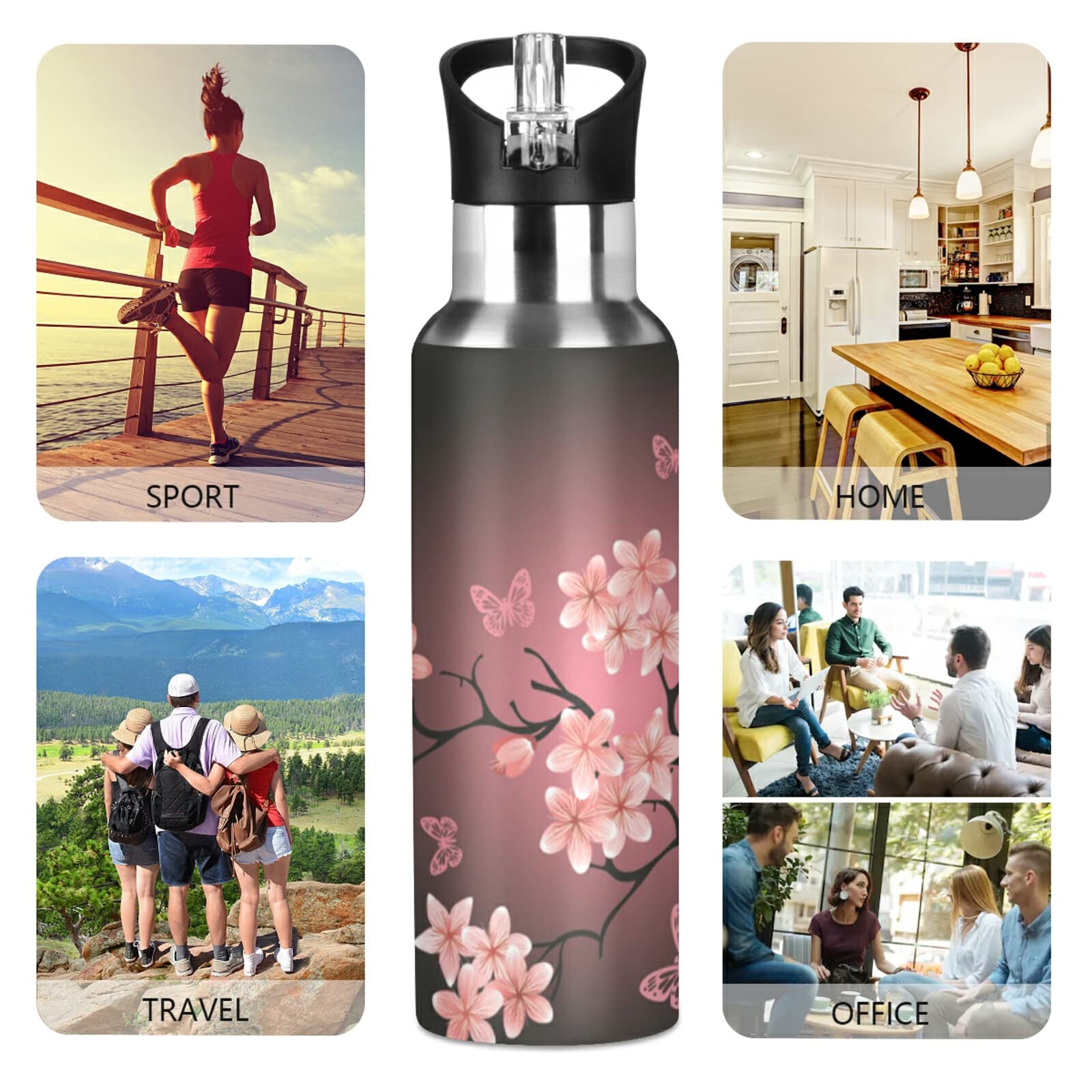 Cherry Blossom Vacuum Water Bottle 32oz - Insulated Stainless Steel Thermo Flask with Straw Lid for Travel & Gym