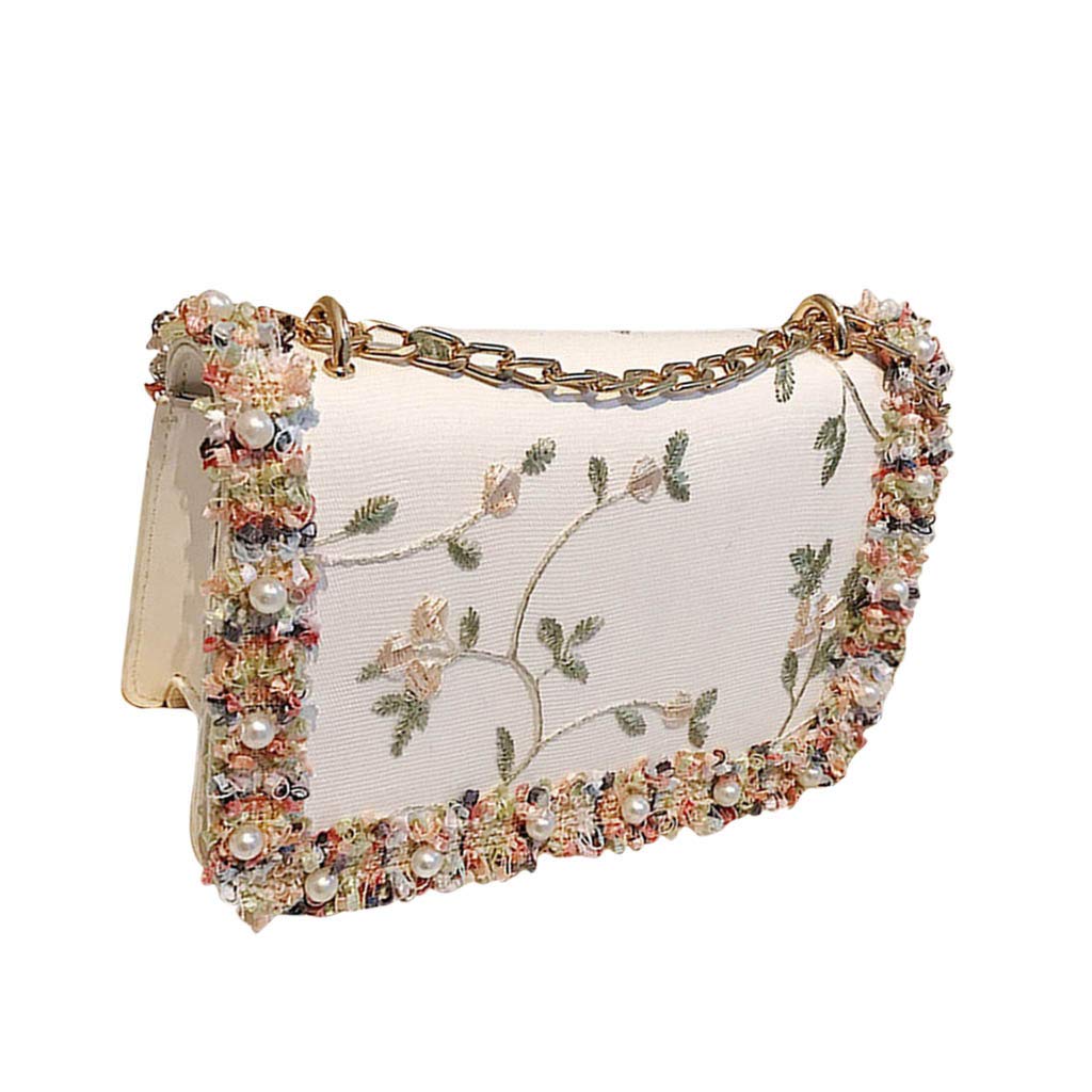 Stylish Black Shoulder Bag with Chain, Lace & Pearl Flower Design - Perfect for Work, Travel & Evening Events