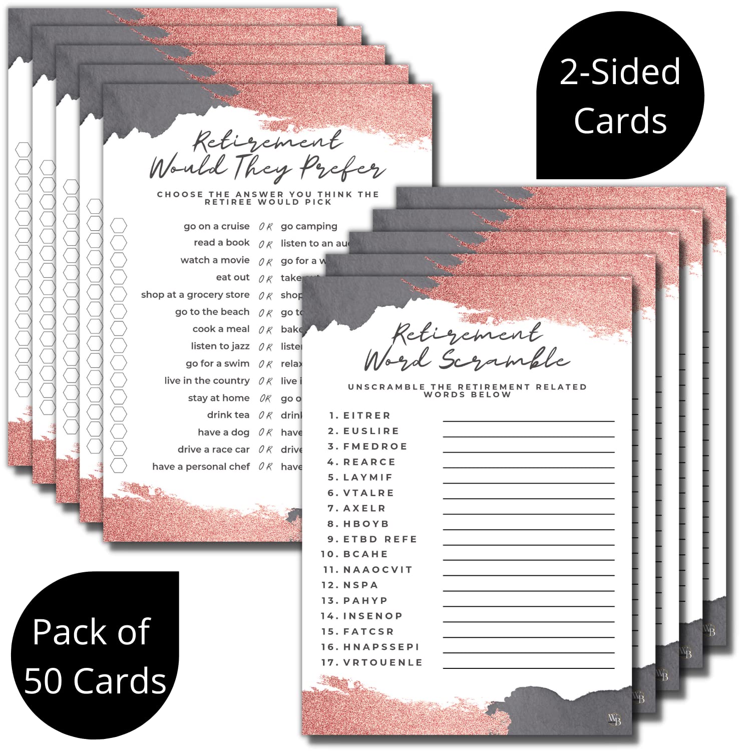 Rose Gold Retirement Party Games Cards - 50 Double-Sided Word Scramble & Would They Prefer? Game Cards for Women, Adults & Seniors - Perfect for Retirement Celebrations, Office Parties & Senior Social Events