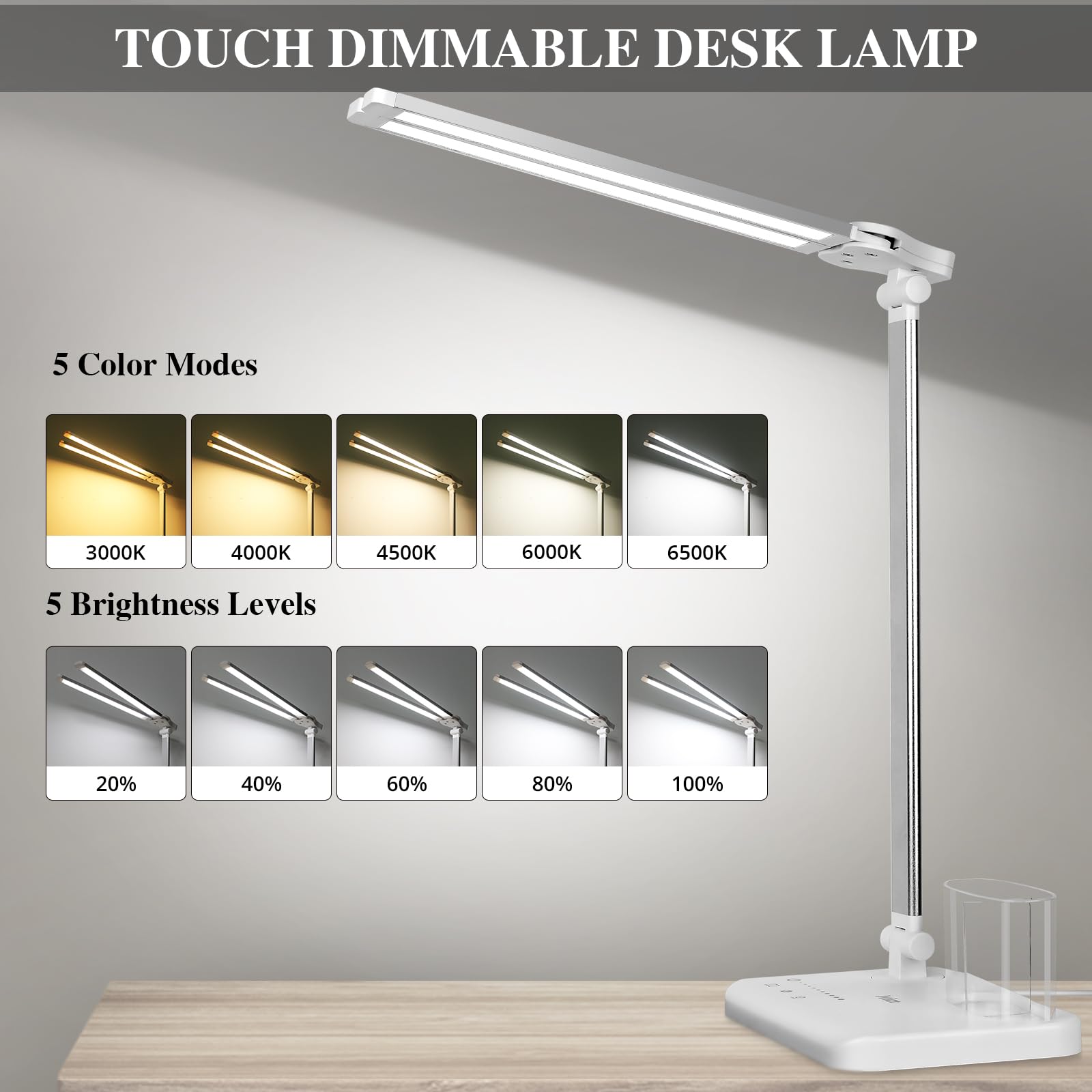 iVict Dual Swing Arm LED Desk Lamp - 5 Light Modes & 10 Brightness Levels with USB Charging Port, 45-Min Auto Timer | Adjustable Table Lamp for Home Office, Bedroom, Reading & Study | Perfect for Night Work, Online Classes & Crafting