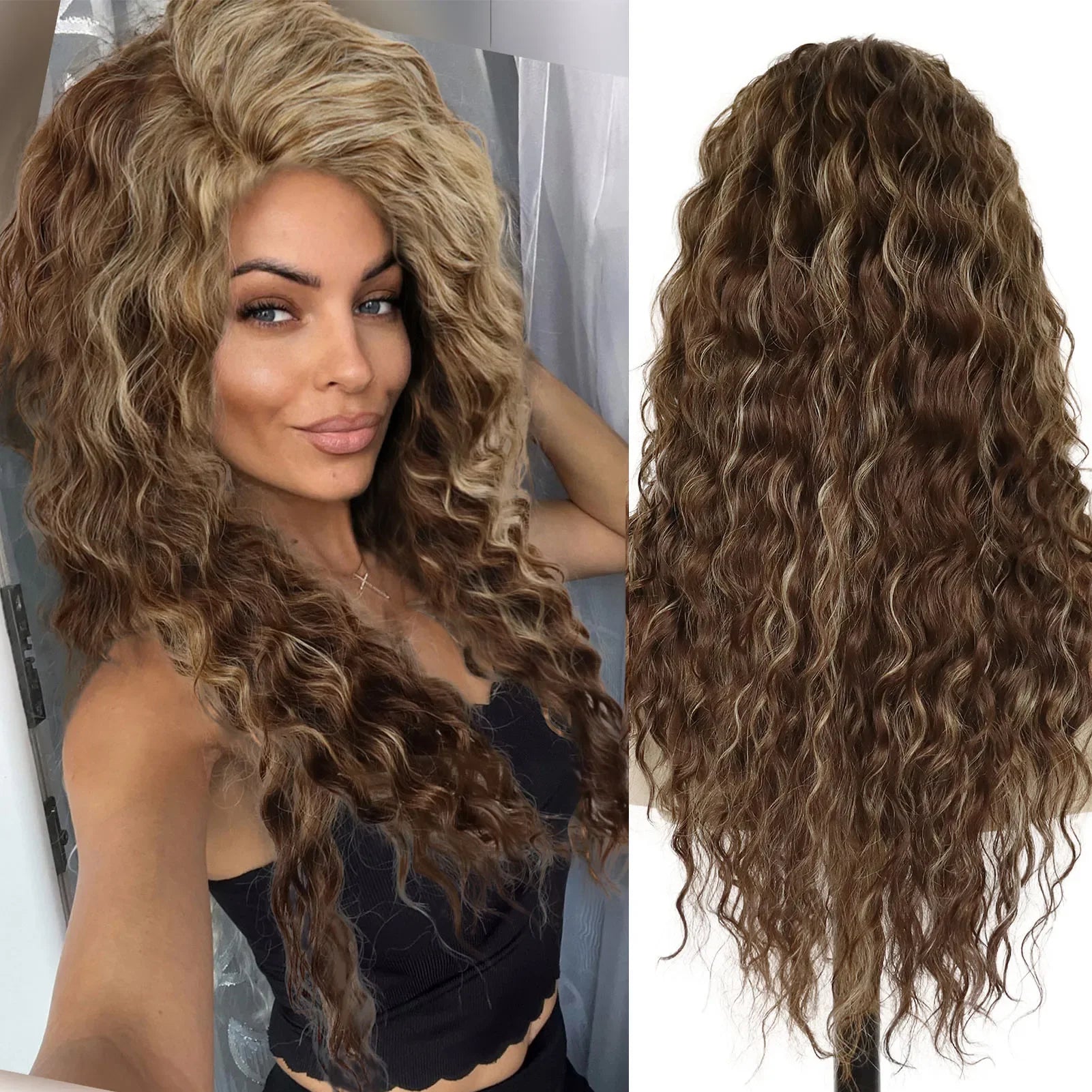 Ash Blonde Synthetic Long Curly Wig for Women - Fluffy Ombre Wave Hairstyle | Perfect for Costume Parties, Carnival, Cosplay & Daily Fashion