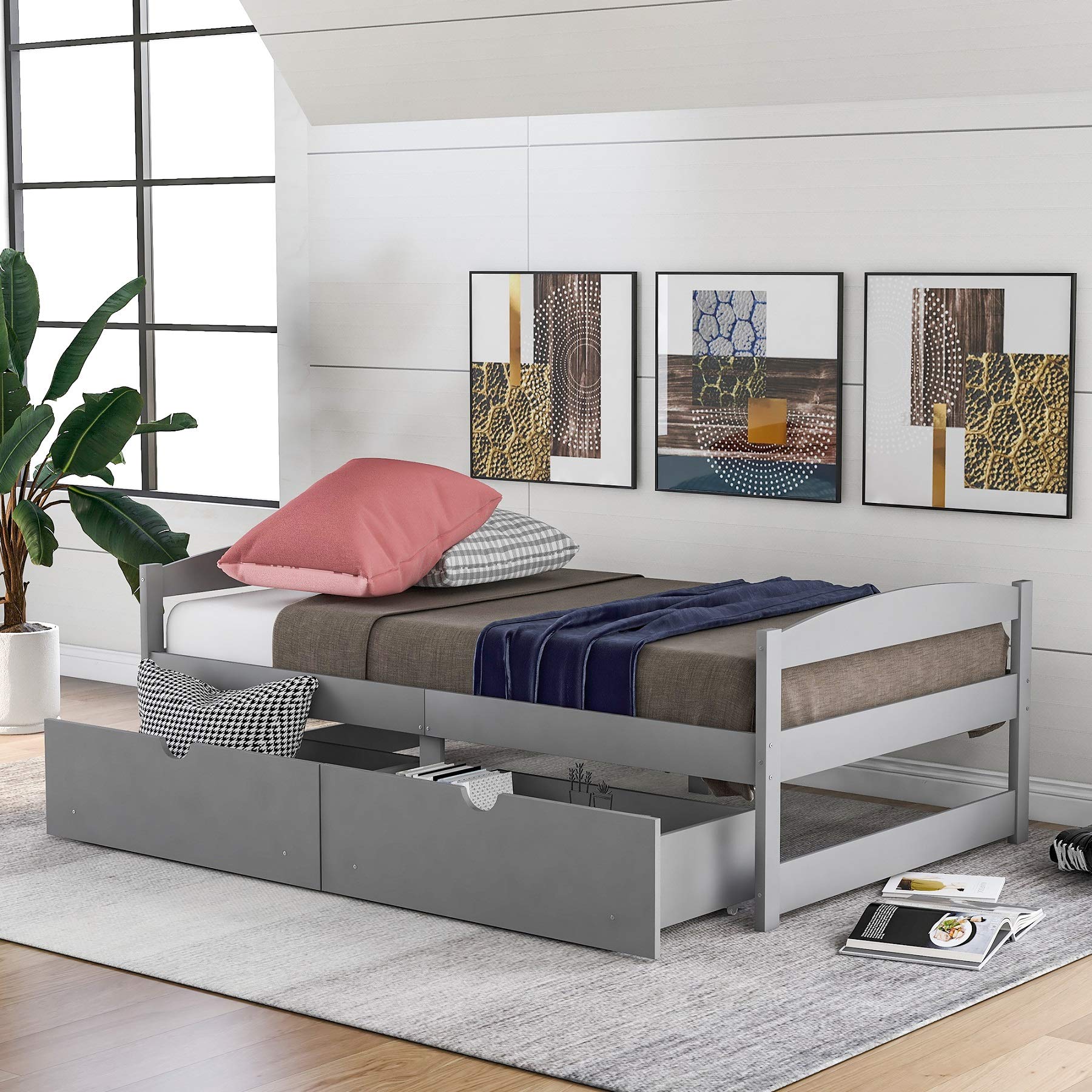Rhomtree Twin Size Wooden Platform Bed Frame with Headboard & 2 Storage Drawers - Grey - Modern Bedroom Furniture for Small Spaces & Guest Rooms