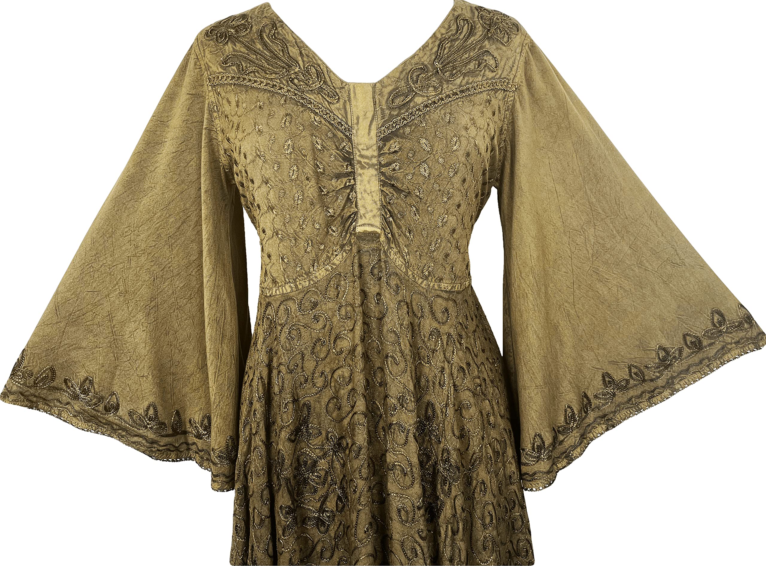 Agan Traders Women's 2025 Spring Bohemian Medieval Renaissance Embroidered Bell Sleeve Flared Calf-Length Dress Gown - Perfect for Renaissance Fairs, Weddings & Boho Fashion Events
