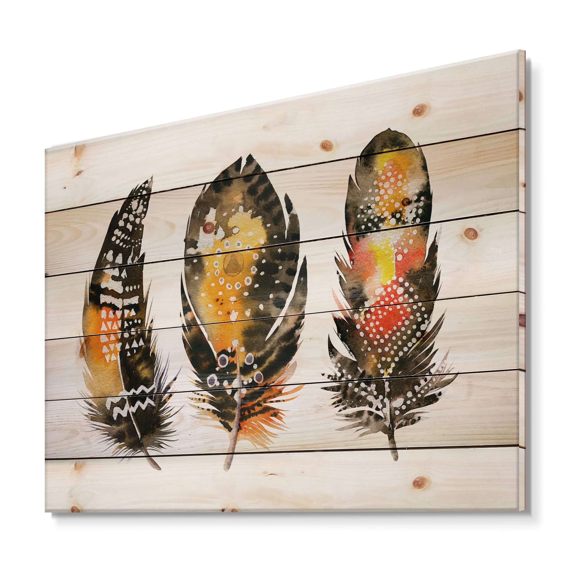 Bohemian Orange Feather Wood Wall Art - Handcrafted Ethnic Boho Decor, Large Animal Print Panels on Natural Pine Wood | Perfect for Living Room, Bedroom & Eclectic Home Decor