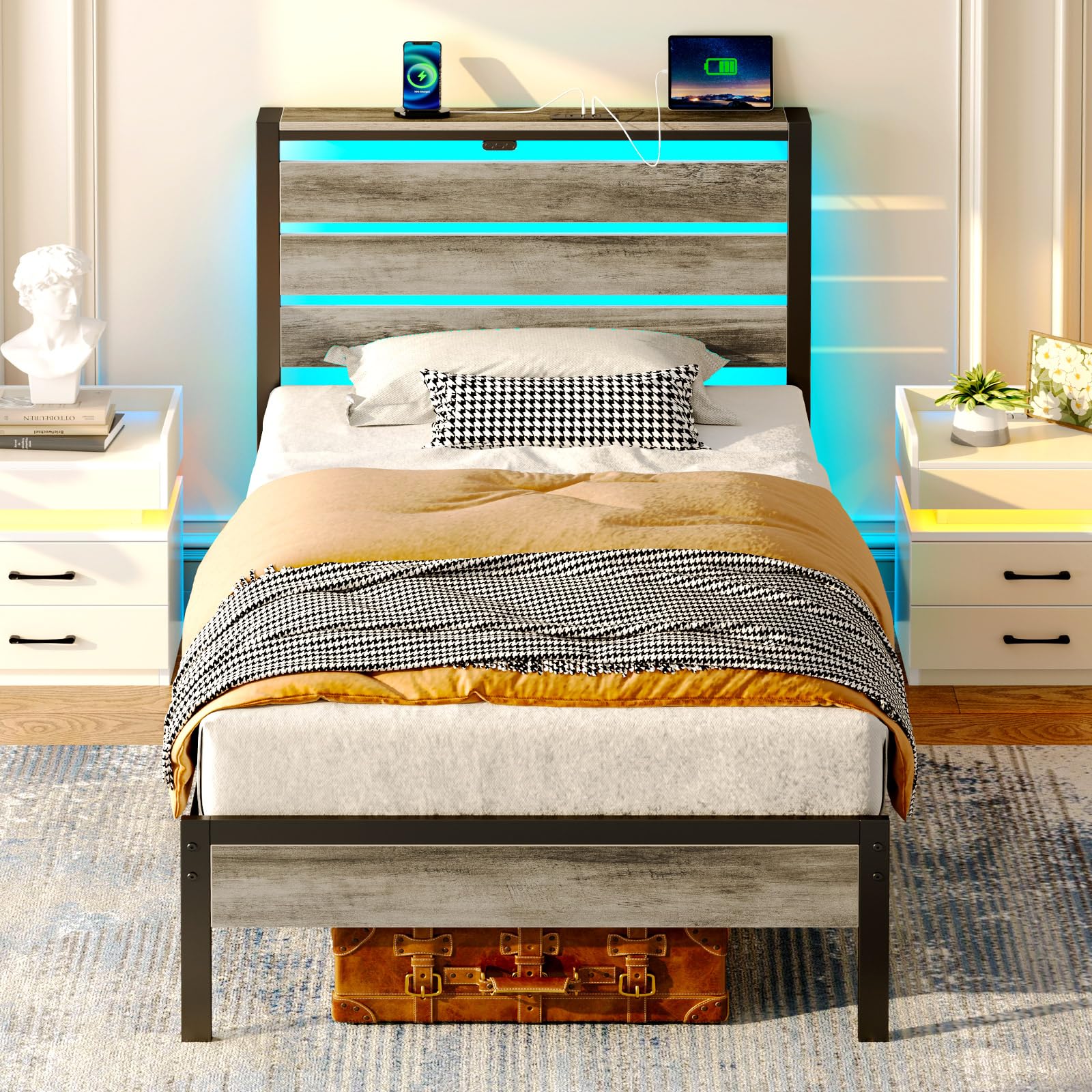 Rolanstar Twin Size Bed Frame with USB Charging & LED Lights - Wood Storage Headboard, Light Grey Metal Platform Bed with Under Bed Storage - No Box Spring Needed, Noise Free - Perfect for Small Bedrooms, Dorms & Apartments
