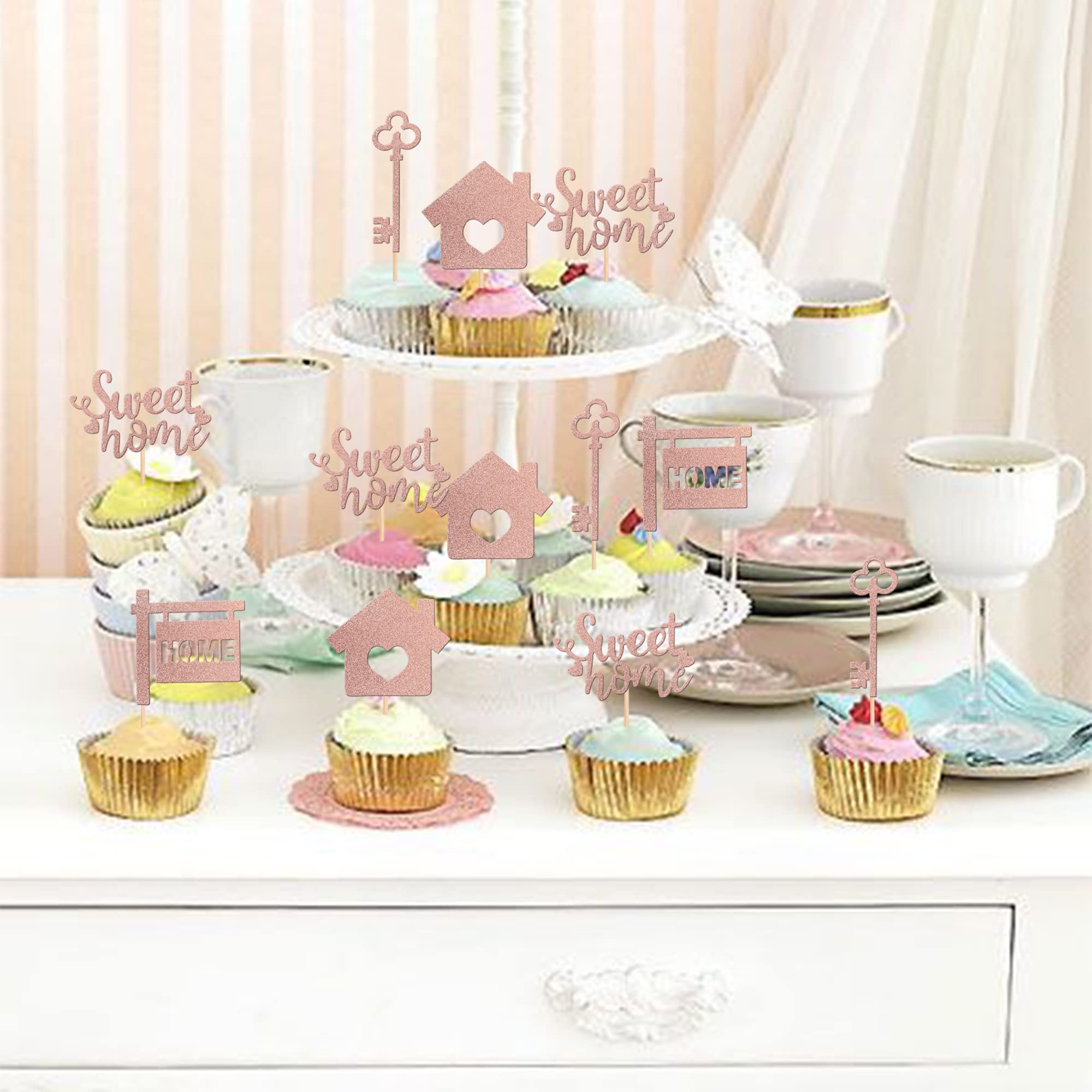 36 PCS Rose Gold Glitter Housewarming Cupcake Toppers - Sweet Home Theme Cake Decorations for New Home Party, Bridal Shower, Birthday & Baby Shower
