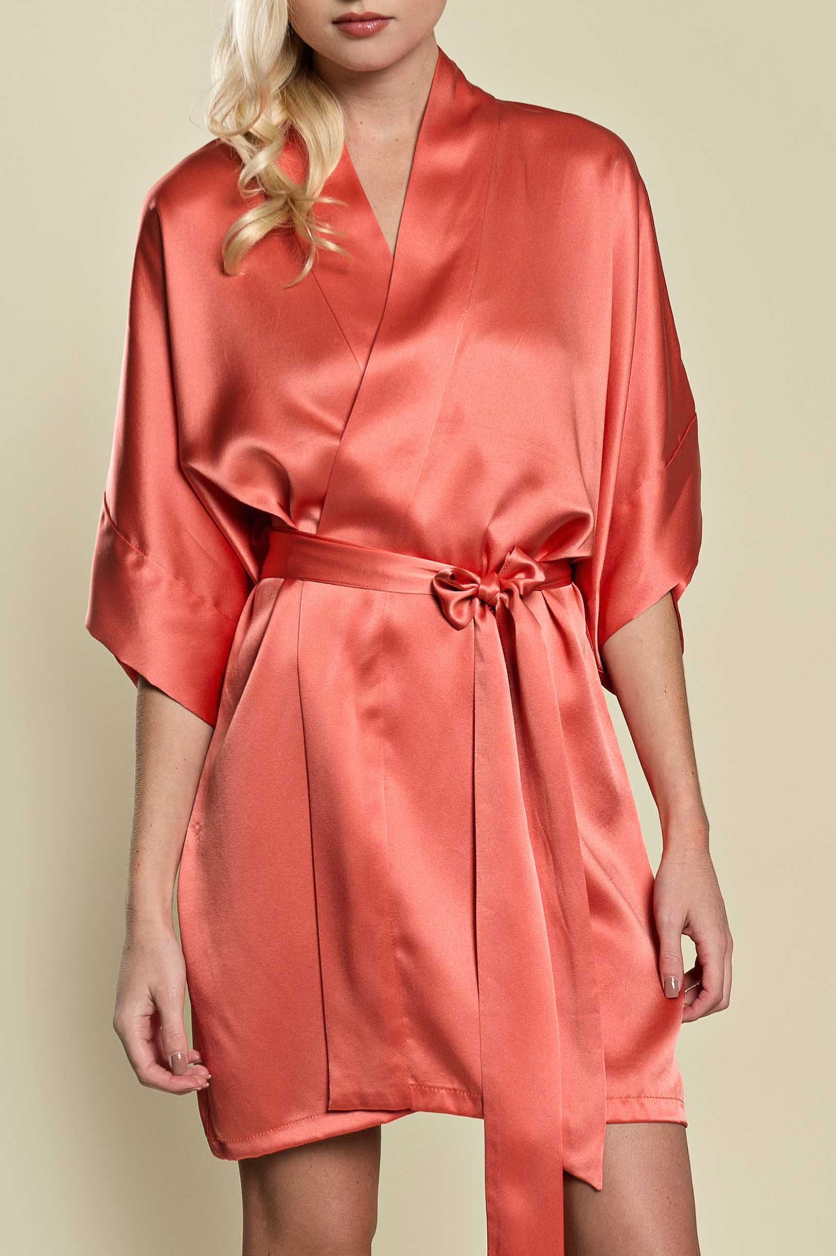 Samantha Silk Kimono Robe - Coral Floral Print Women's Luxury Loungewear for Spa, Bridal & Home Relaxation