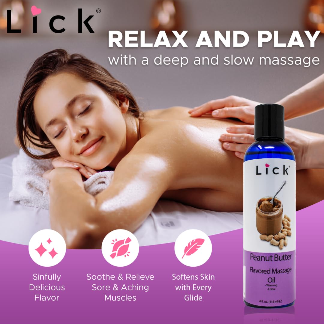Peanut Butter Flavored Massage Oil with Vitamin E, Coconut & Sweet Almond Oil - Edible & Safe for Couples, Nuru & Yoni Massage - 4oz | Perfect for Romantic Date Nights & Sensual Massage Therapy