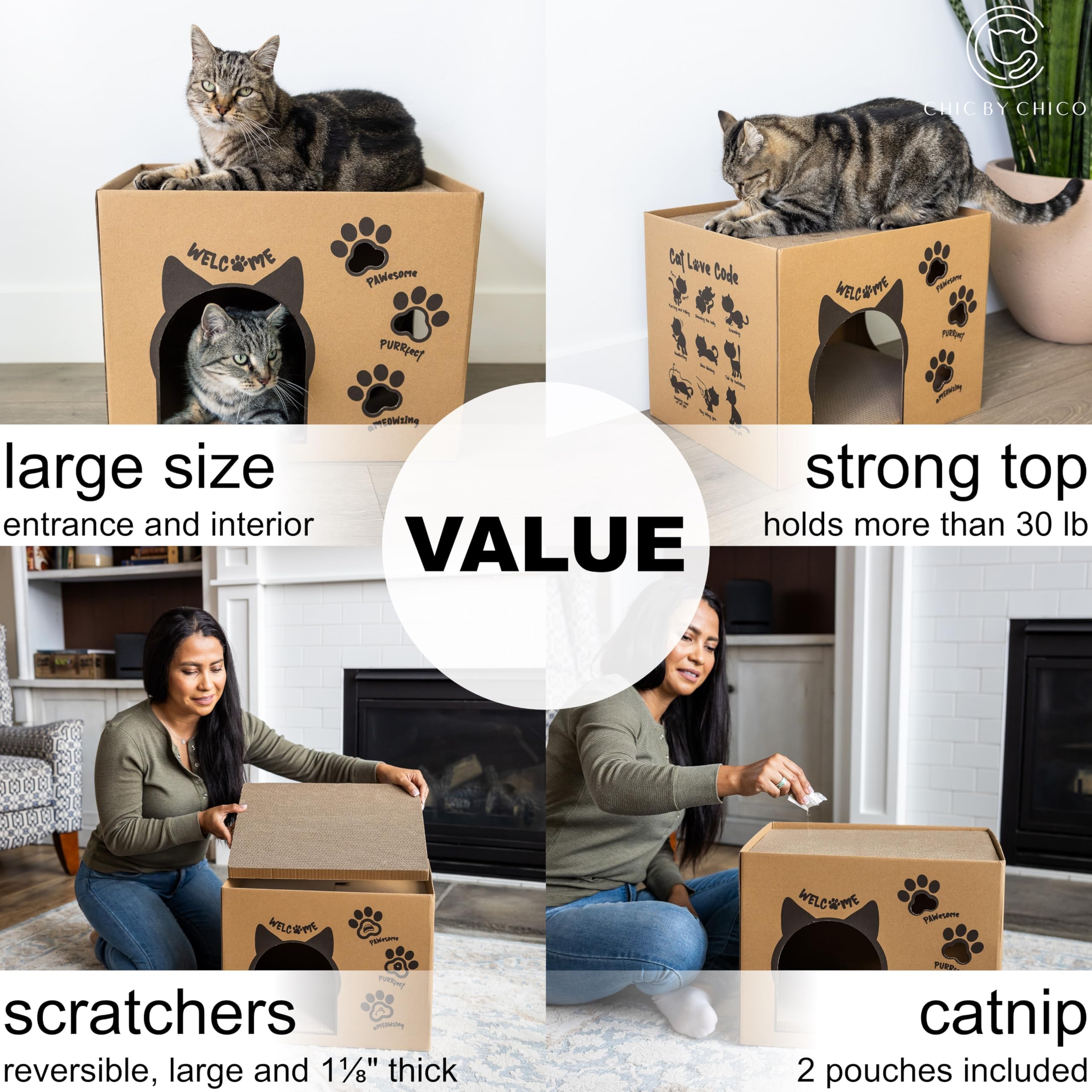 Premium Two-Level Cardboard Cat House with Scratching Pads & Catnip - Large Durable Cat Scratcher Lounge for Multiple Pets - 17.5