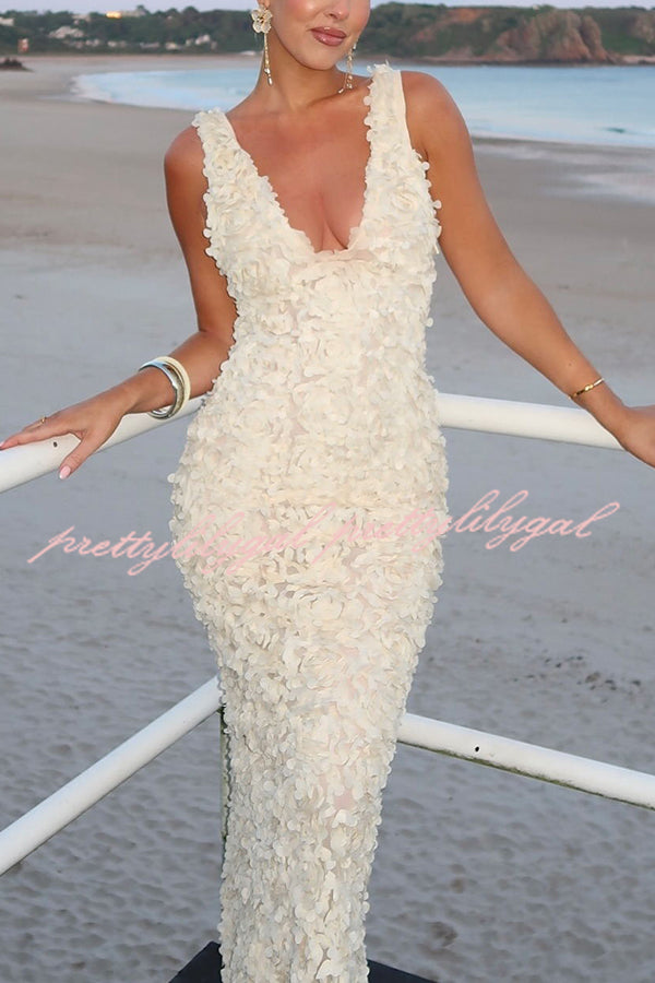 Elegant Champagne Rose Floral Applique Slit Pencil Maxi Dress for Women - Perfect for Cocktail Parties, Weddings & Evening Events