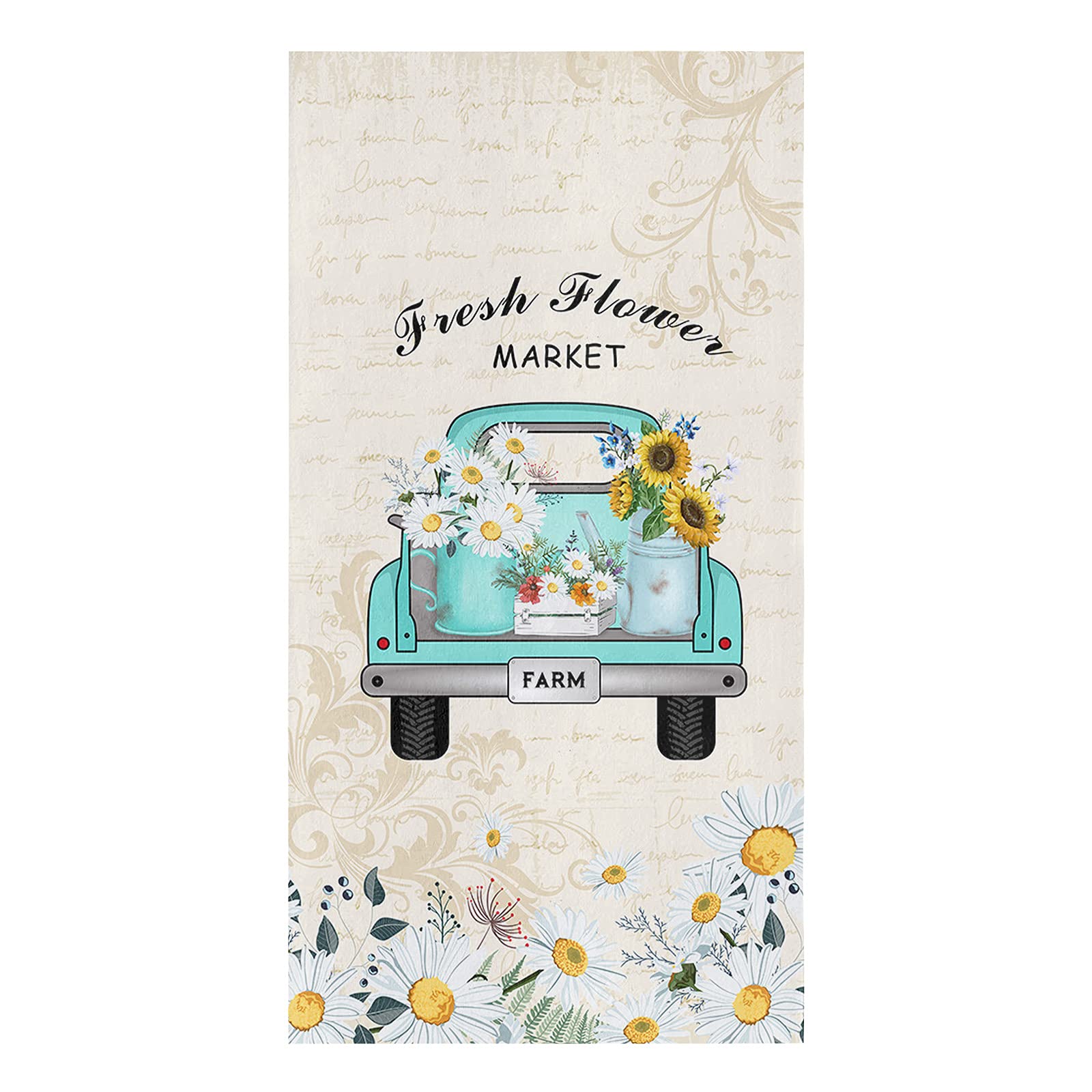 Microfiber Kitchen Towels - 18x28 Inch Absorbent & Reusable Dish Towels, Tea Towels & Bar Towels with Fresh Flower Market Daisies Truck Retro Design - Perfect for Kitchen Cleaning, Dish Drying & Home Decor