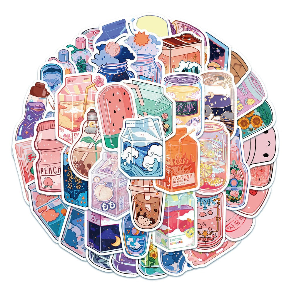 Cute Kawaii Beverage Stickers - 50 Adhesive Vinyl Decals for Water Bottles, Laptops & Journals - Perfect for Scrapbooking, DIY Crafts & Gift Wrapping