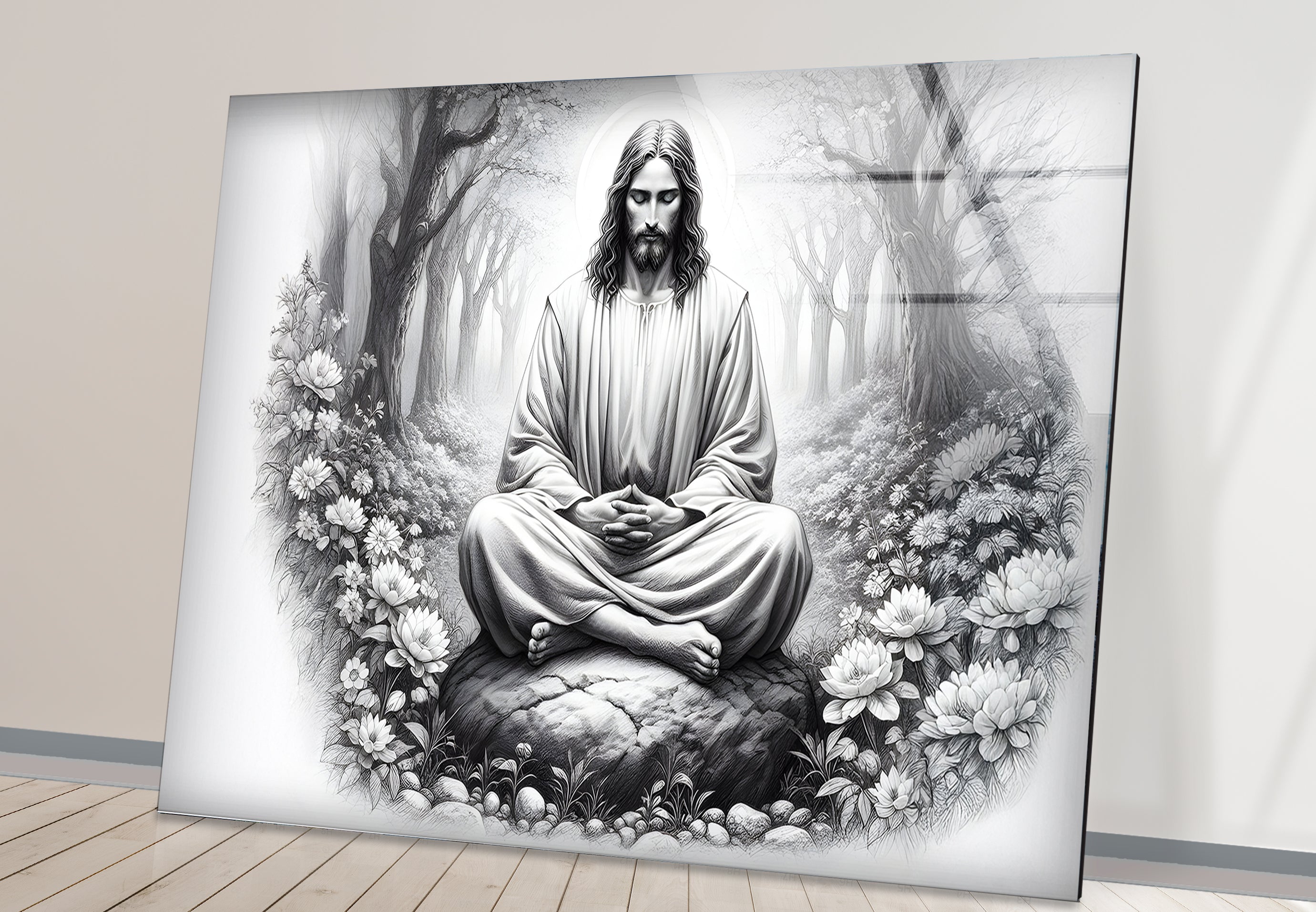 Black and White Jesus Glass Wall Art - Religious Home Decor for Living Room, Bedroom & Church