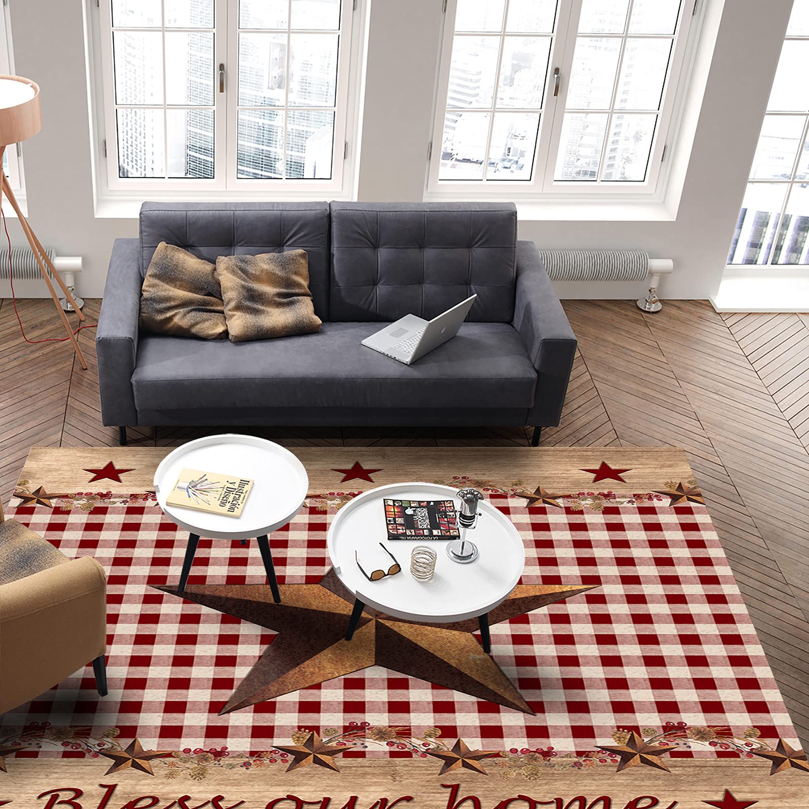 4'x6' Non-Shedding Outdoor Rug - Buffalo Check Plaid in Retro Red & White - Perfect for Bedroom, Living Room, Kitchen & Bathroom Decor | Durable Country Star with Berry Design for Wood Home & Patio Use