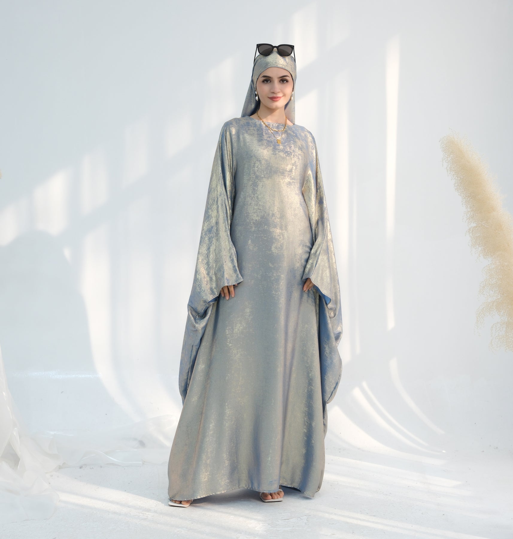 Linora Elegant Shimmer Butterfly Abaya Dress for Women - Sage Green Islamic Prayer Gown | Perfect for Eid, Ramadan, and Special Occasions