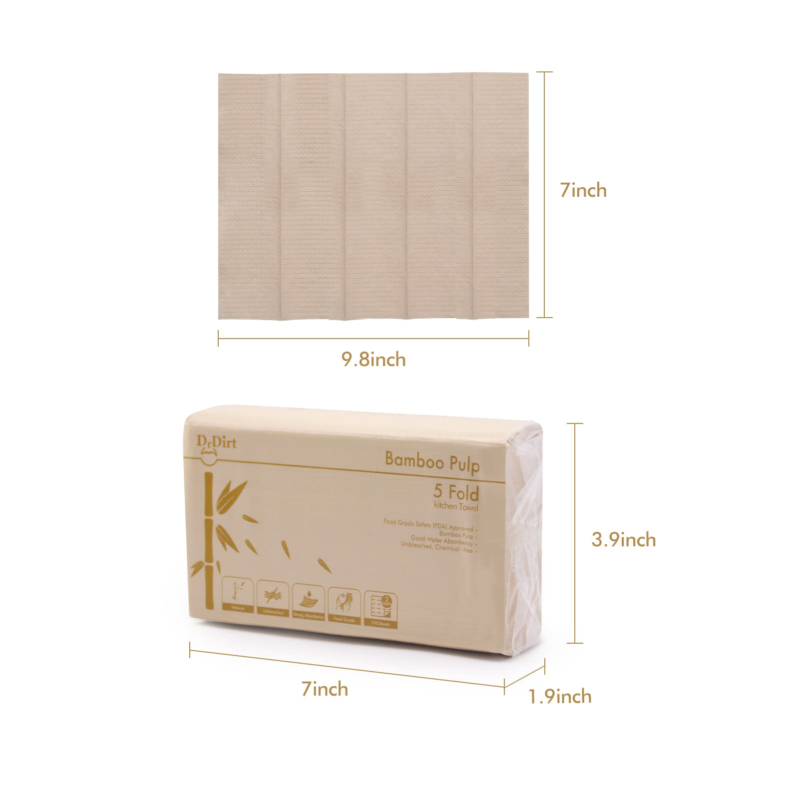 DrDirt Multifold Paper Towels - 110 Sheets per Pack, 5-Fold Absorbent Hand Towels (18 Packs/Case) | Ideal for Restaurants, Offices & Home Kitchens