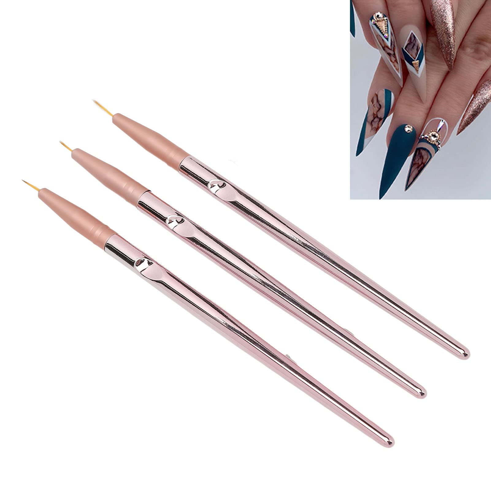 Professional Nail Art Liner Brushes Set - 3PCS Rose Gold Metal Barrel Nylon Bristle Detail Brushes with Lid for Precise Nail Painting & Drawing | Perfect for Home Salon, DIY Manicure & Nail Art Design