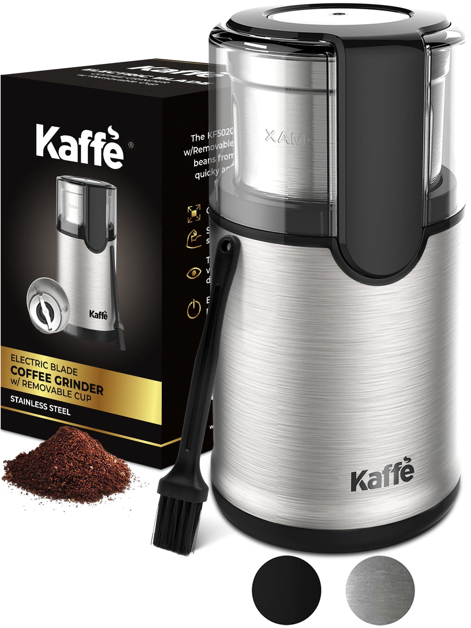 Premium Stainless Steel Electric Coffee Grinder with Removable Cup (3.5oz) - Includes Cleaning Brush - Espresso & Coffee Bean Grinder for Home, Office & Travel - Perfect for French Press, Pour Over & Cold Brew - Silver