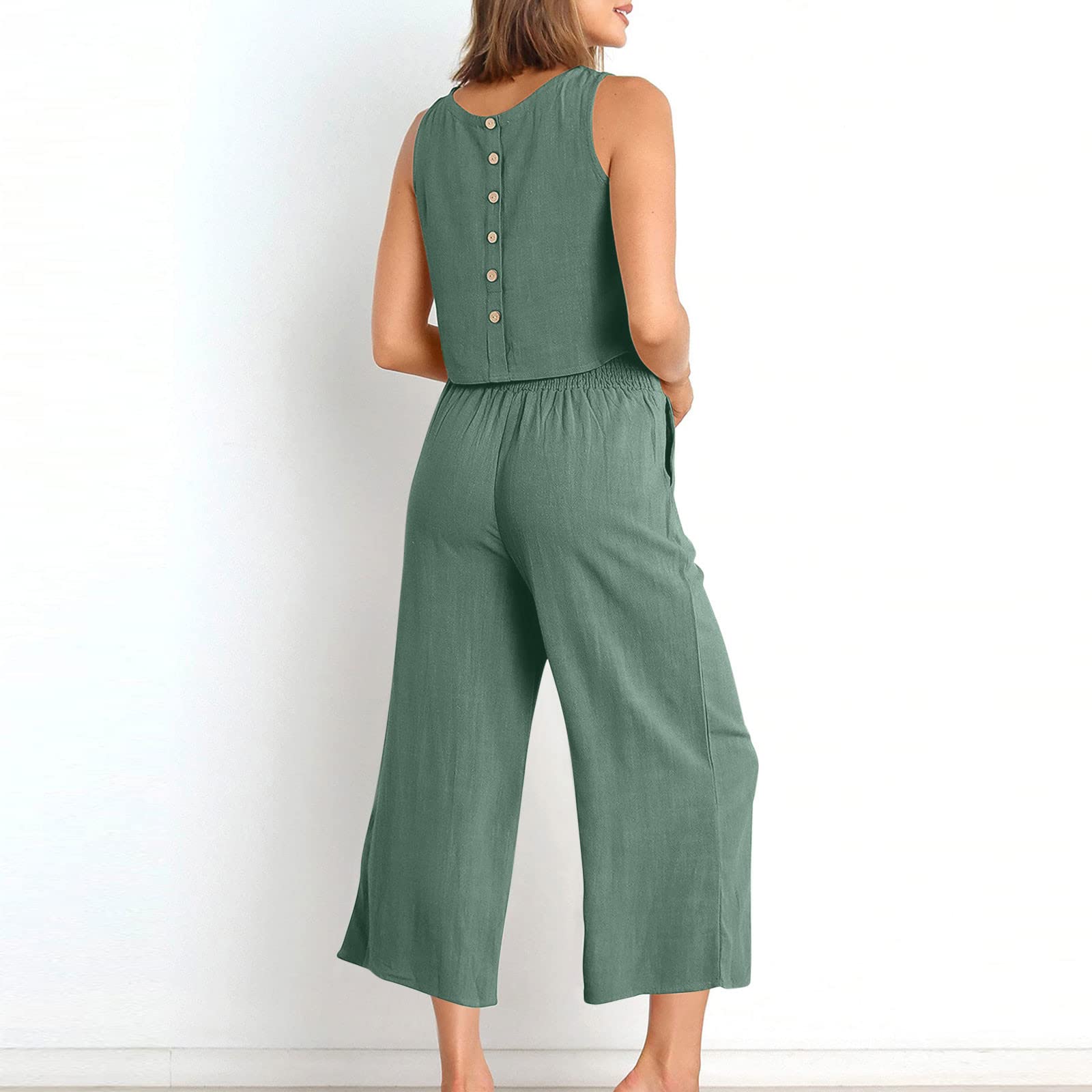 2025 Women's Summer Outfits - 2 Piece Linen Set with Sleeveless Crop Top & Wide Leg Capri Pants | Casual Vacation Wear for Beach, Travel & Outdoor Activities