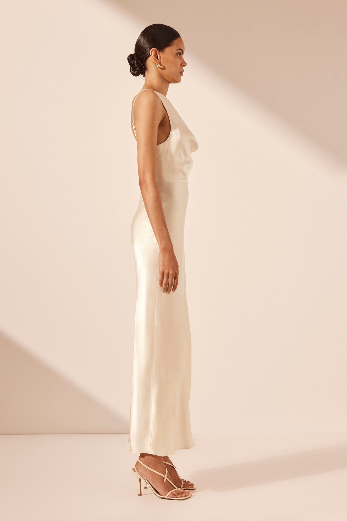 LA LUNE DRAPED SIDE SPLIT MIDI DRESS in Cream | Elegant Women's Summer Dress for Parties, Weddings & Date Nights