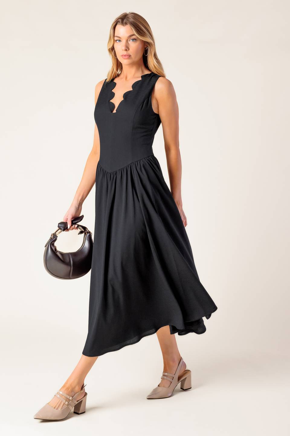 FOR THE RECORD SCALLOP V-NECK MIDI DRESS in Black - Elegant Party & Cocktail Attire for Women