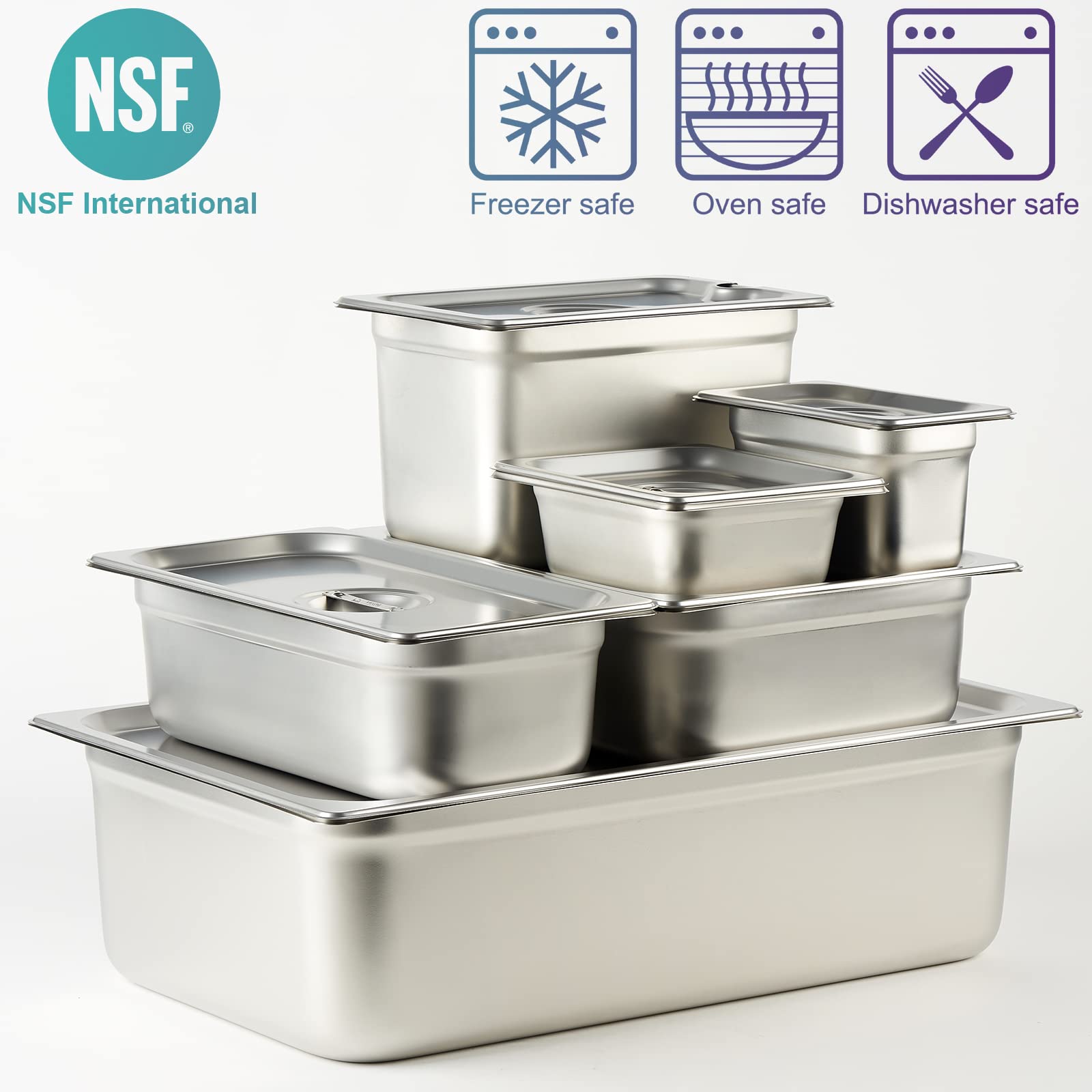 6-Pack CURTA 1/3 Size 6-Inch Deep Anti-Jam Commercial Stainless Steel Hotel Pans - NSF 18/8 Catering Food Storage Pans for Buffets, Steam Tables & Restaurant Kitchens