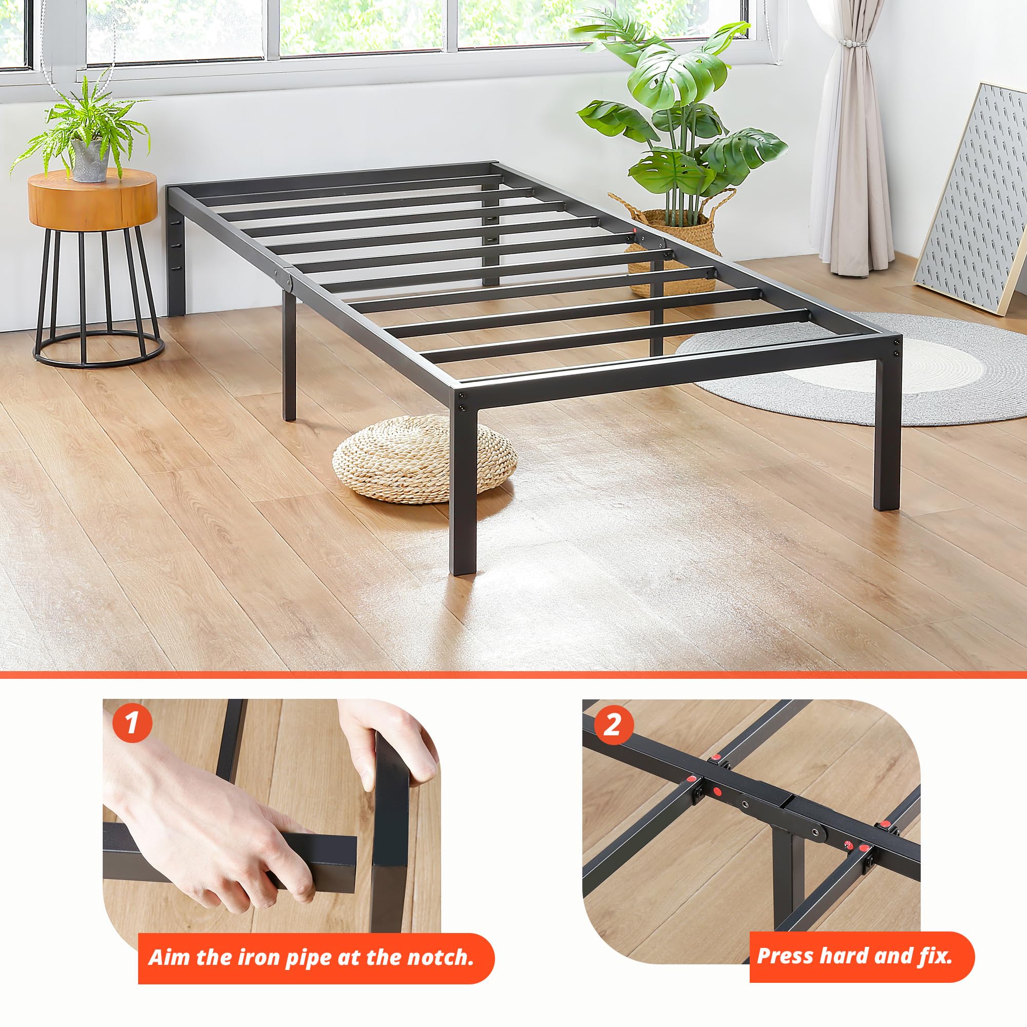 PrimaSleep 14 Inch Heavy Duty Steel Slat Anti-Slip Bed Frame - Noise Free Mattress Foundation with Maximum Storage, No Box Spring Needed - Twin Size Platform Bed for Small Spaces & Guest Rooms (Black)