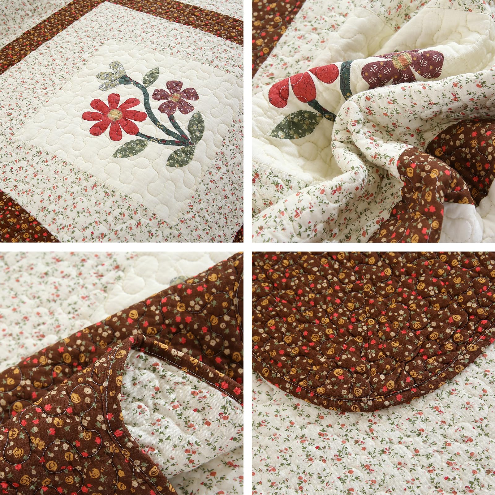VCTOPS 3-Piece Embroidered Floral Quilted Bedspread Set - 100% Cotton Reversible Patchwork Coverlet with 1 Quilt & 2 Pillow Shams (Coffee, Queen Size) for Cozy Bedroom Decor & Guest Room Styling