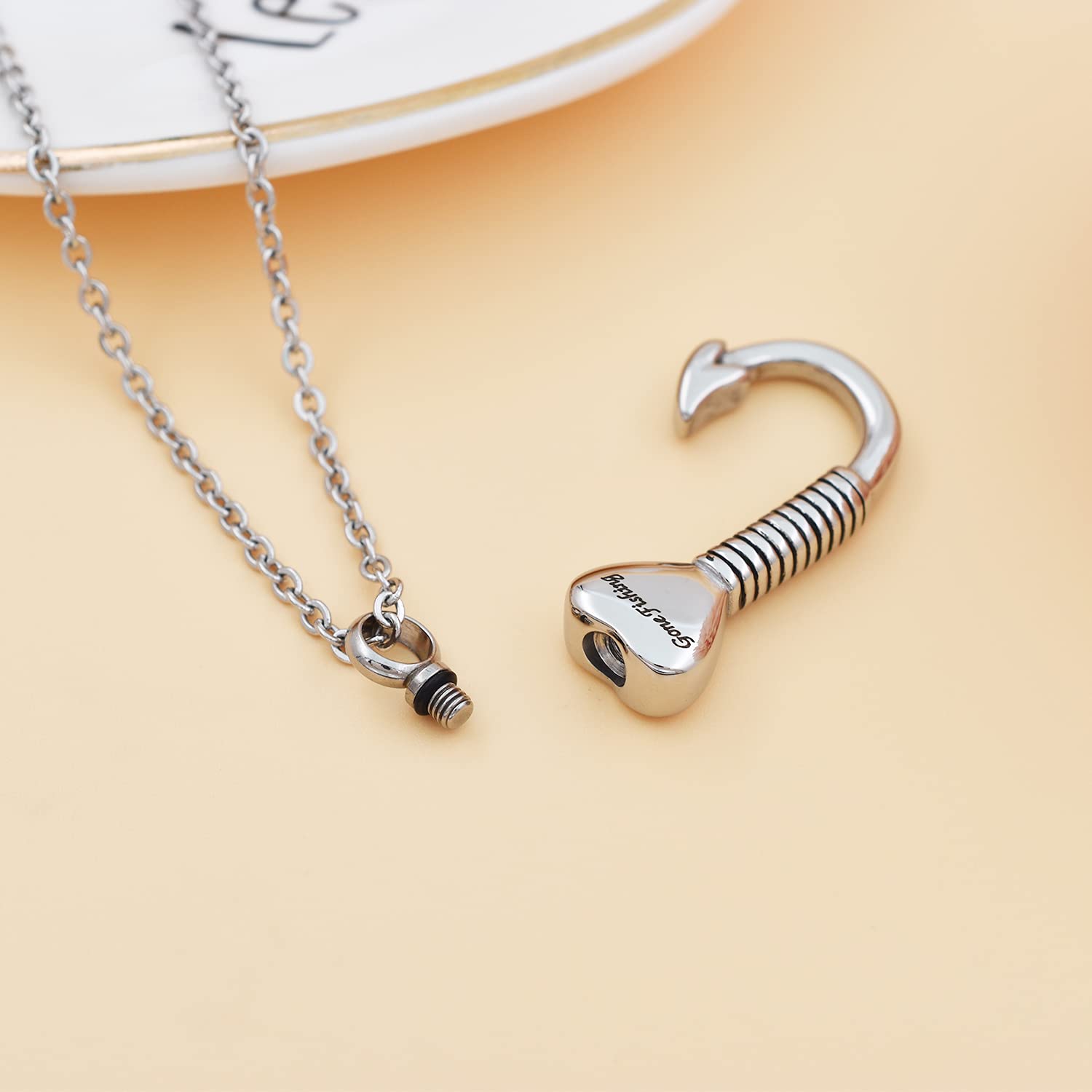 316L Stainless Steel Fish Hook Memorial Pendant - Cremation Jewelry for Ashes Keepsake - Fishing Enthusiast Tribute