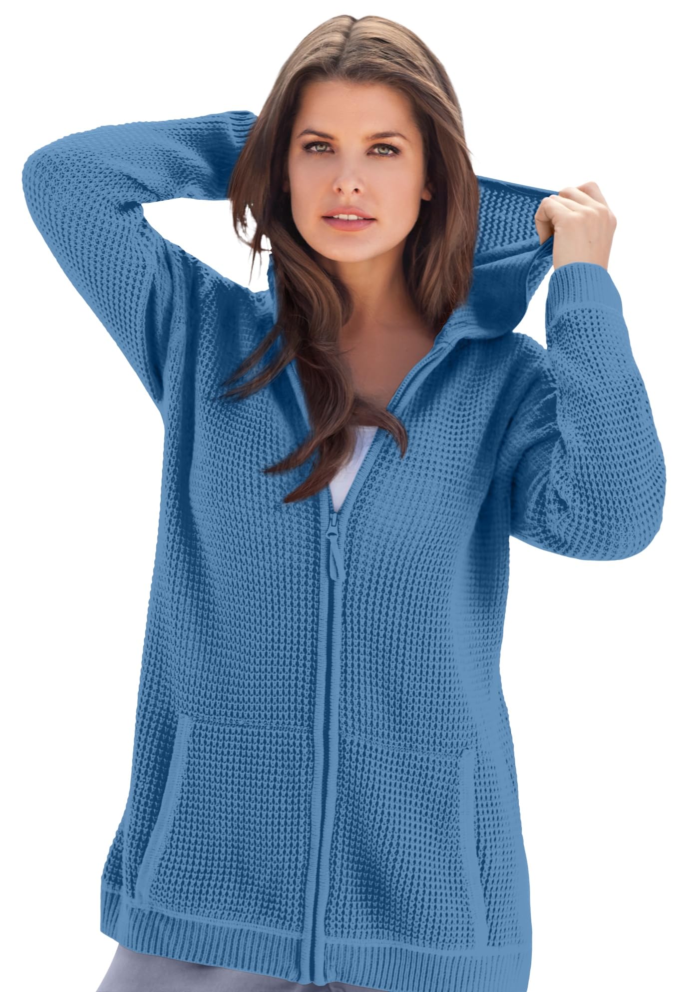 Roaman's Women's Plus Size Thermal Waffle Hoodie Zip Up Cardigan Jacket - Cozy Winter Warm Fleece Lined Outerwear for Casual Outings & Lounge Wear