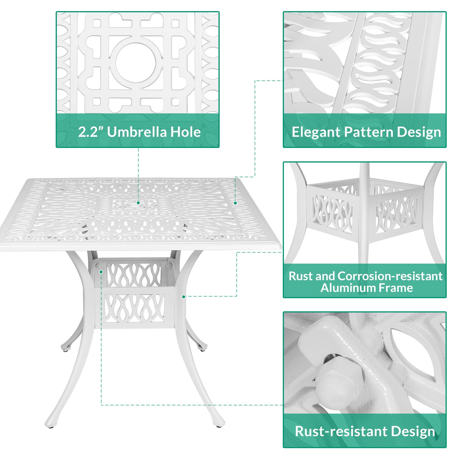 VIVIJASON 5-Piece All-Weather Outdoor Patio Dining Set - Cast Aluminum Conversation Set with 4 Swivel Rocker Chairs & 35.4