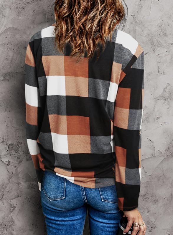 Dokotoo Women's Basic Casual V-Neck Plaid Print Long Sleeve Blouse - Cuffed Work Shirt (Sizes S-3XL) | Perfect for Office, Business Casual & Everyday Wear