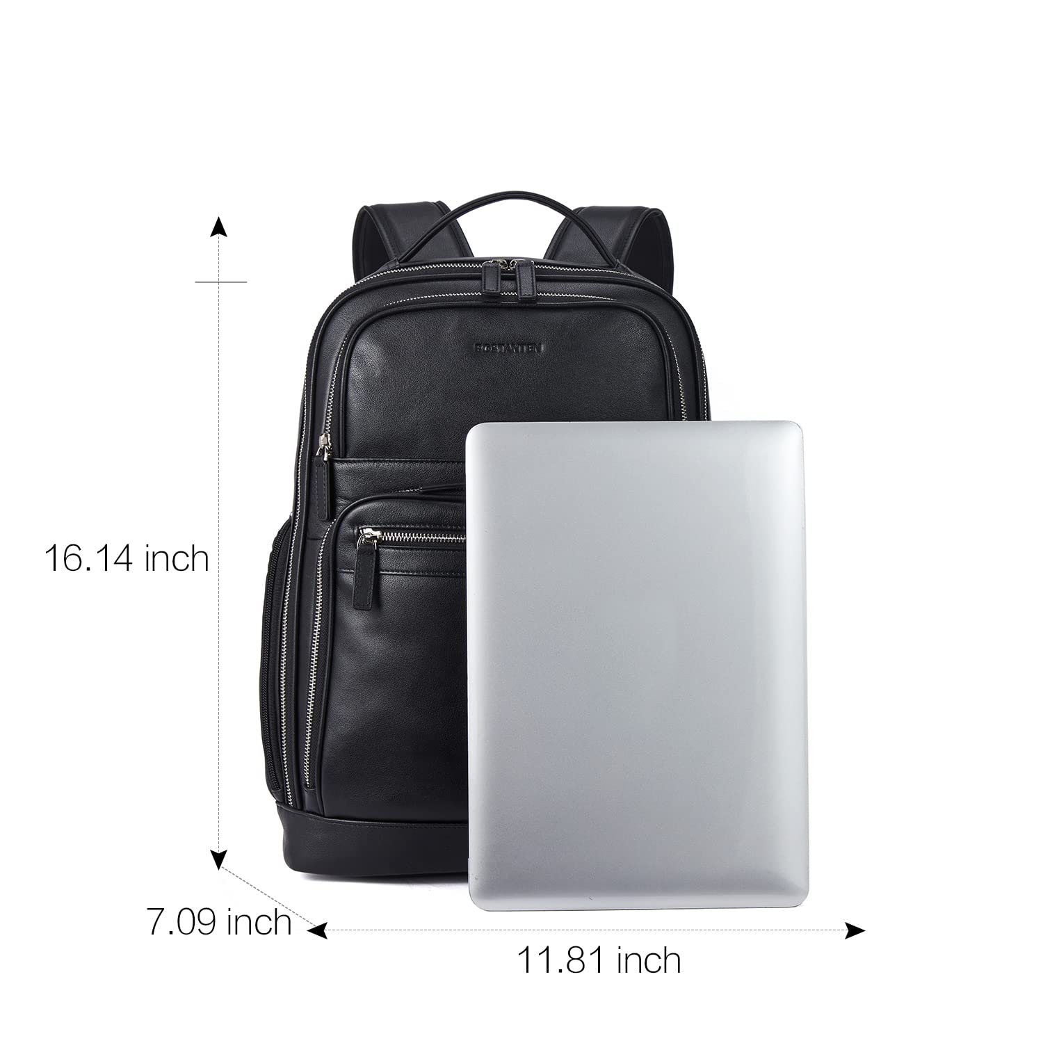 BOSTANTEN Genuine Leather Backpack for Men - 15.6 Inch Laptop Backpack with USB Charging Port - Waterproof College Travel Backpack for Work, School & Business - Black