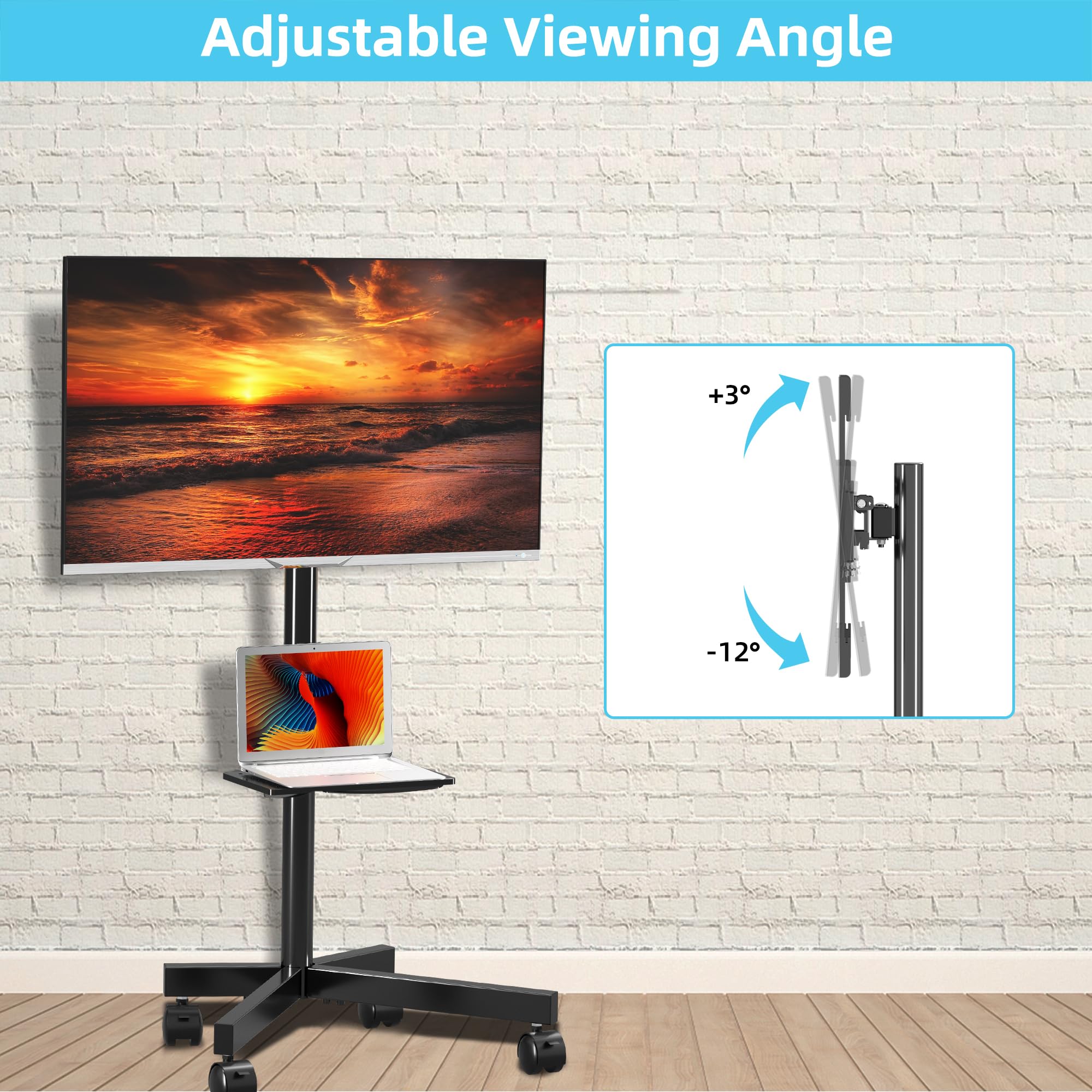 Height Adjustable Mobile TV Cart with Wheels for 21-60 Inch Flat/Curved Screens - Heavy Duty Floor Stand with Shelf (77lbs Capacity) - Max VESA 400x400mm - Perfect for Hospitals, Schools & Home Entertainment